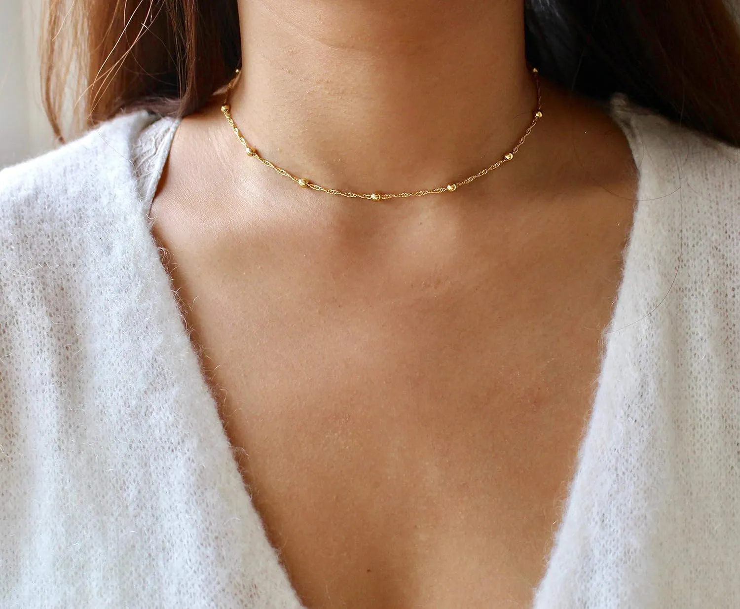 MEVECCO Dainty Gold Chain Choker Necklace 14K Gold Plated Handmade Boho Cute Tiny Beaded Link Choker Necklace Delicate Simple Minimalist Choker Necklace for Women