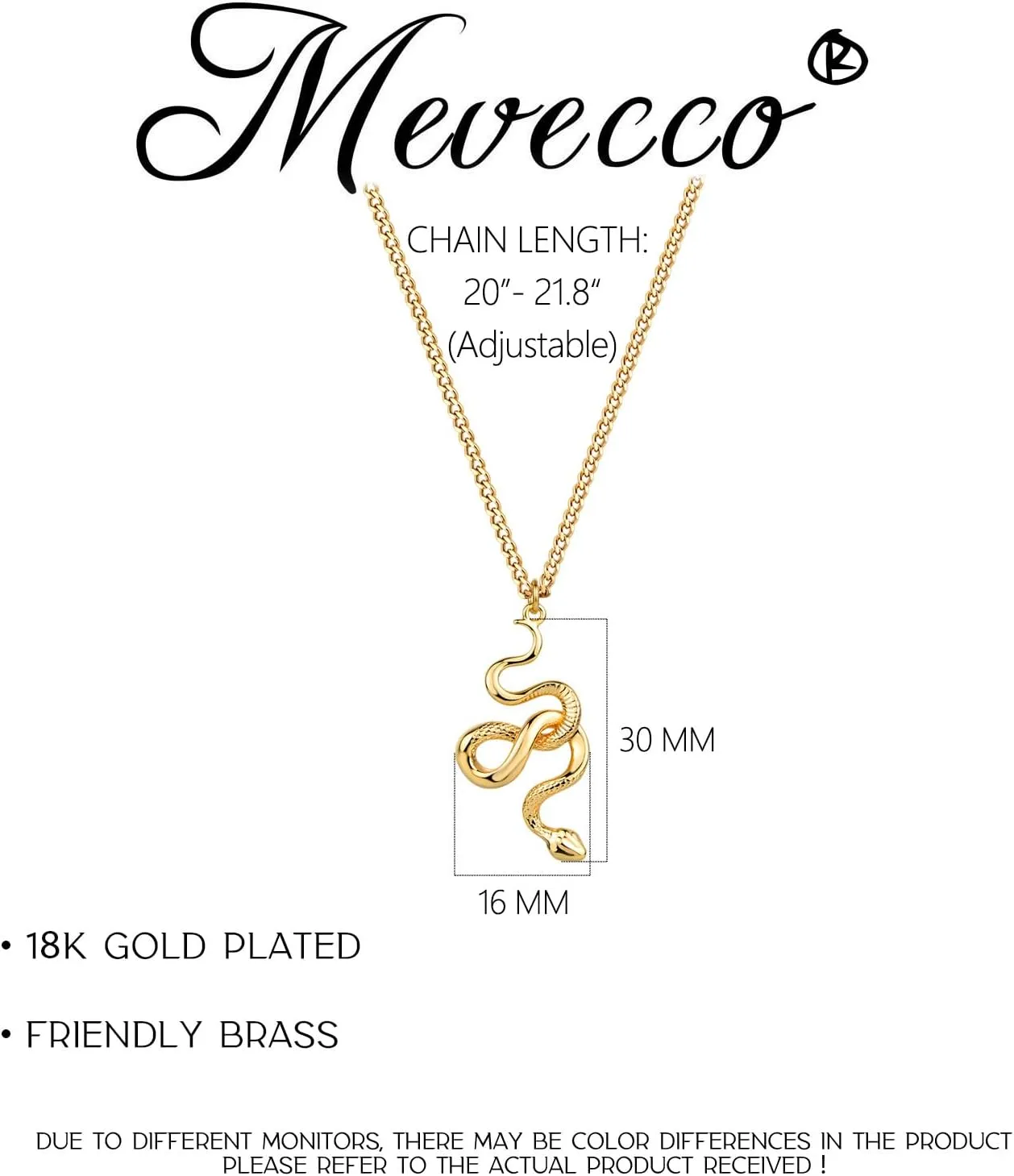 MEVECCO Dainty Gold Snake Necklace for Women 18k Gold Plated Snake Charm Pendent Necklace Minimalist Delicate Handmade Boho Jewelry For Her