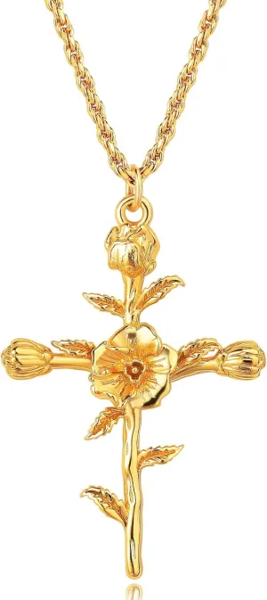 MEVECCO Gold Birth Flower Cross Necklace for Women 12 Month Faith Pendent 18K Gold Plated 2MM Twist Rope Chain Personalized Religious Birthday Jewelry for Her