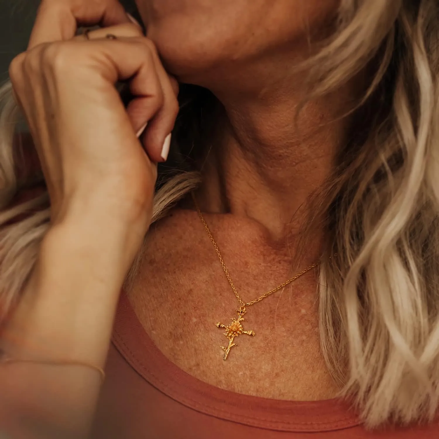 MEVECCO Gold Birth Flower Cross Necklace for Women 12 Month Faith Pendent 18K Gold Plated 2MM Twist Rope Chain Personalized Religious Birthday Jewelry for Her