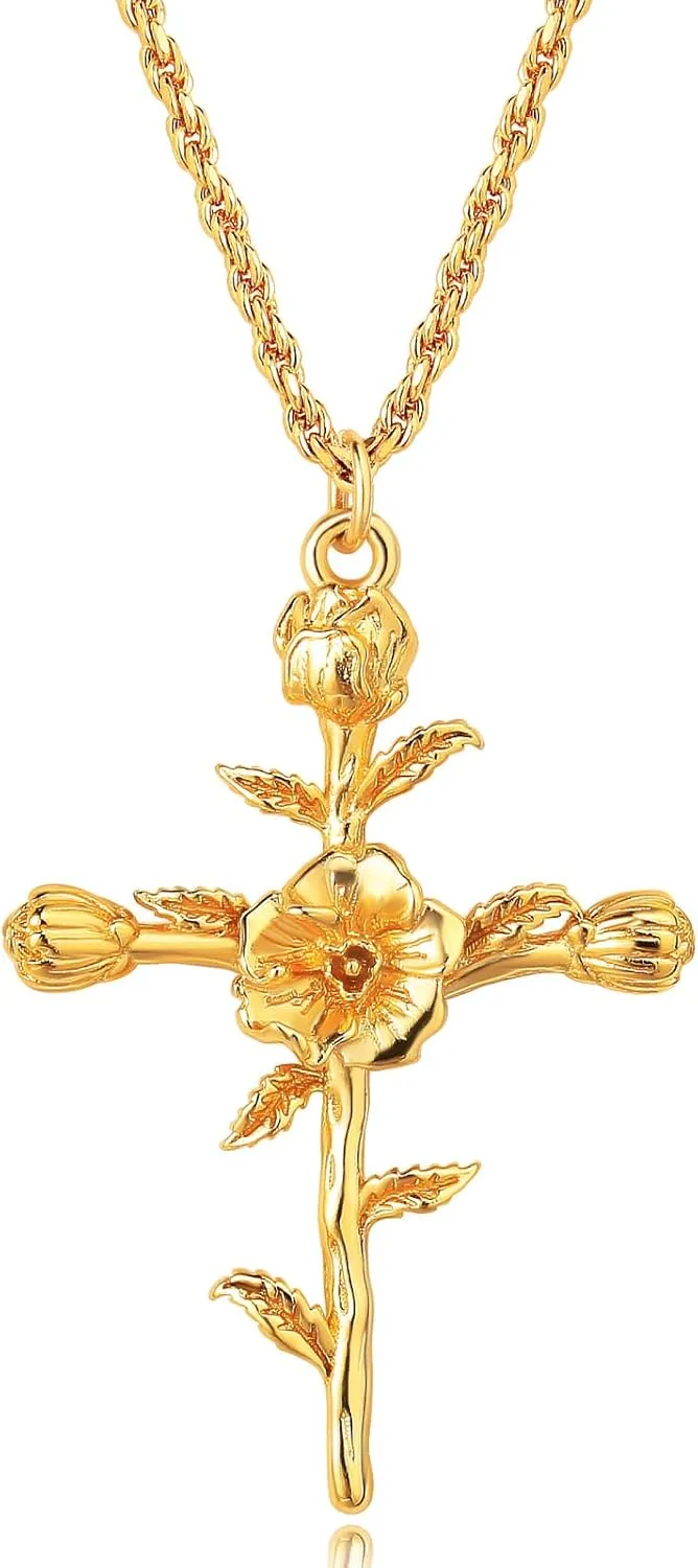 MEVECCO Gold Birth Flower Cross Necklace for Women 12 Month Faith Pendent 18K Gold Plated 2MM Twist Rope Chain Personalized Religious Birthday Jewelry for Her