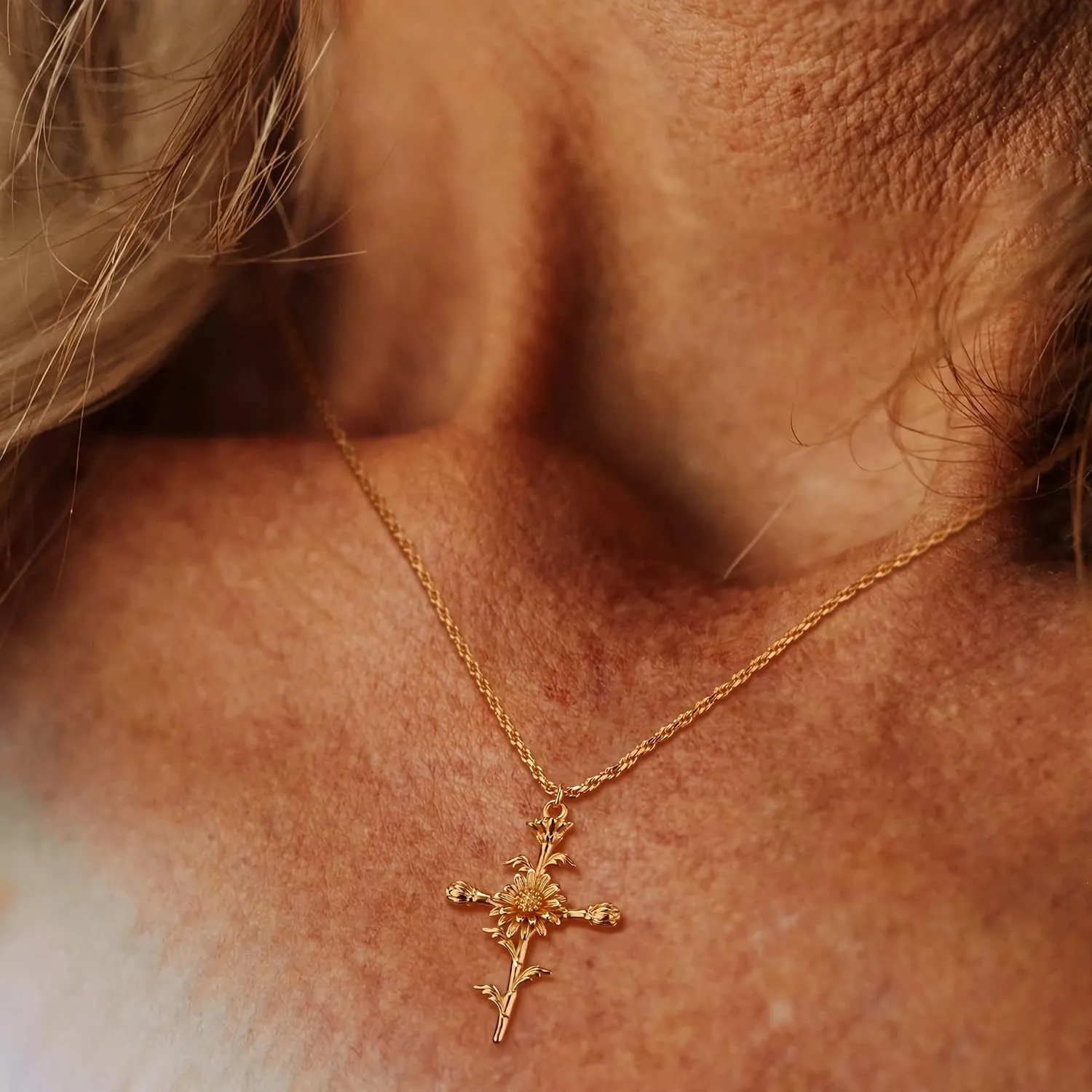 MEVECCO Gold Birth Flower Cross Necklace for Women 12 Month Faith Pendent 18K Gold Plated 2MM Twist Rope Chain Personalized Religious Birthday Jewelry for Her