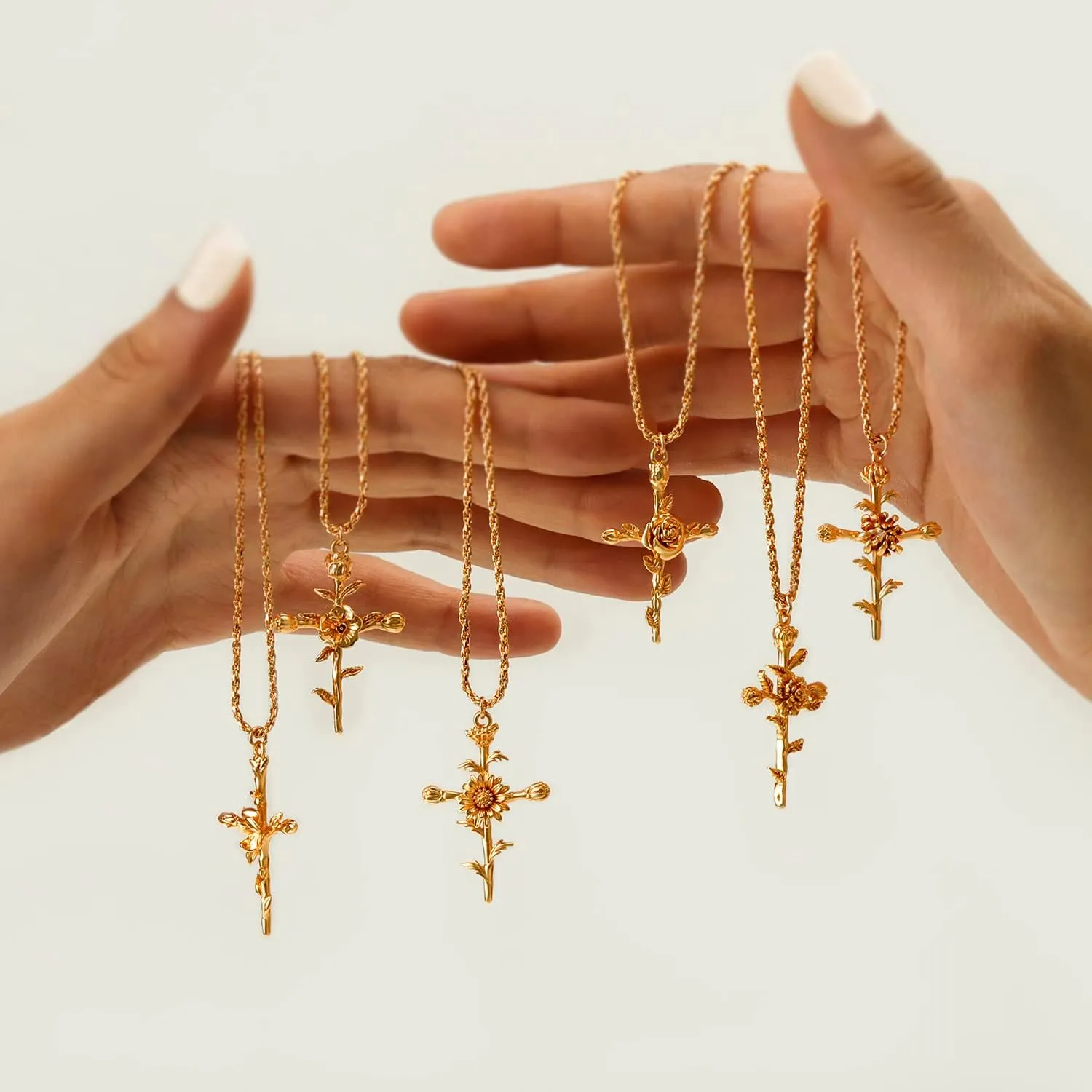 MEVECCO Gold Birth Flower Cross Necklace for Women 12 Month Faith Pendent 18K Gold Plated 2MM Twist Rope Chain Personalized Religious Birthday Jewelry for Her