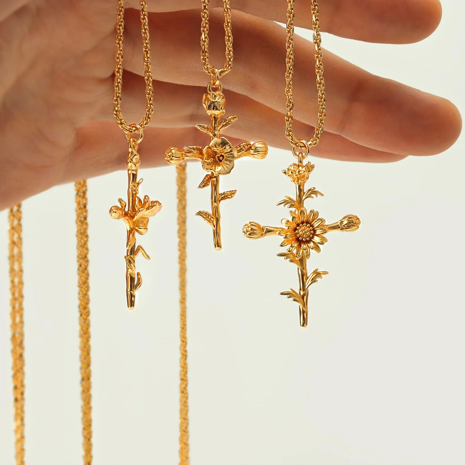 MEVECCO Gold Birth Flower Cross Necklace for Women 12 Month Faith Pendent 18K Gold Plated 2MM Twist Rope Chain Personalized Religious Birthday Jewelry for Her
