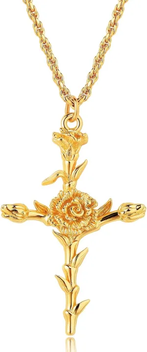 MEVECCO Gold Birth Flower Cross Necklace for Women 12 Month Faith Pendent 18K Gold Plated 2MM Twist Rope Chain Personalized Religious Birthday Jewelry for Her