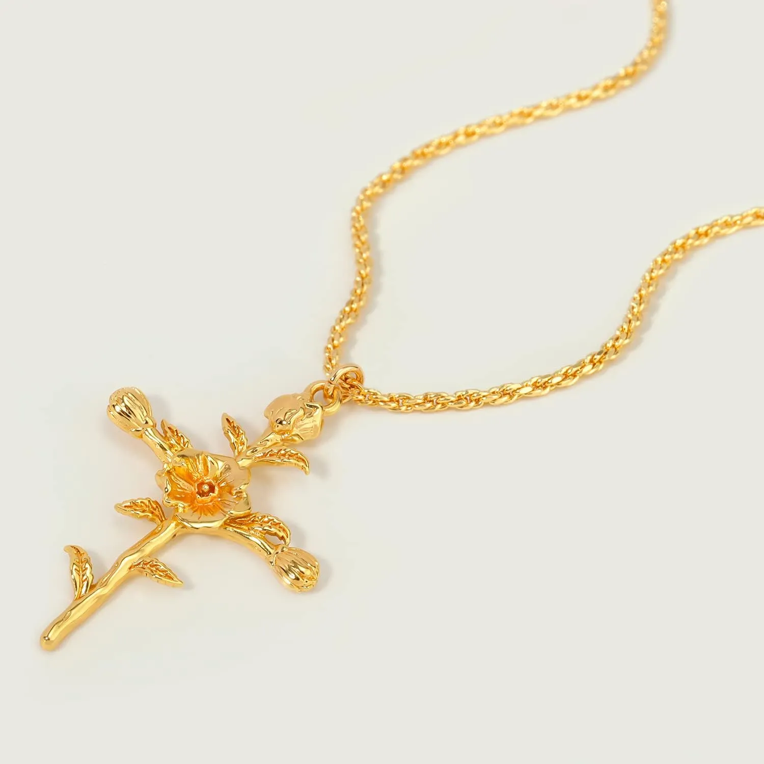 MEVECCO Gold Birth Flower Cross Necklace for Women 12 Month Faith Pendent 18K Gold Plated 2MM Twist Rope Chain Personalized Religious Birthday Jewelry for Her