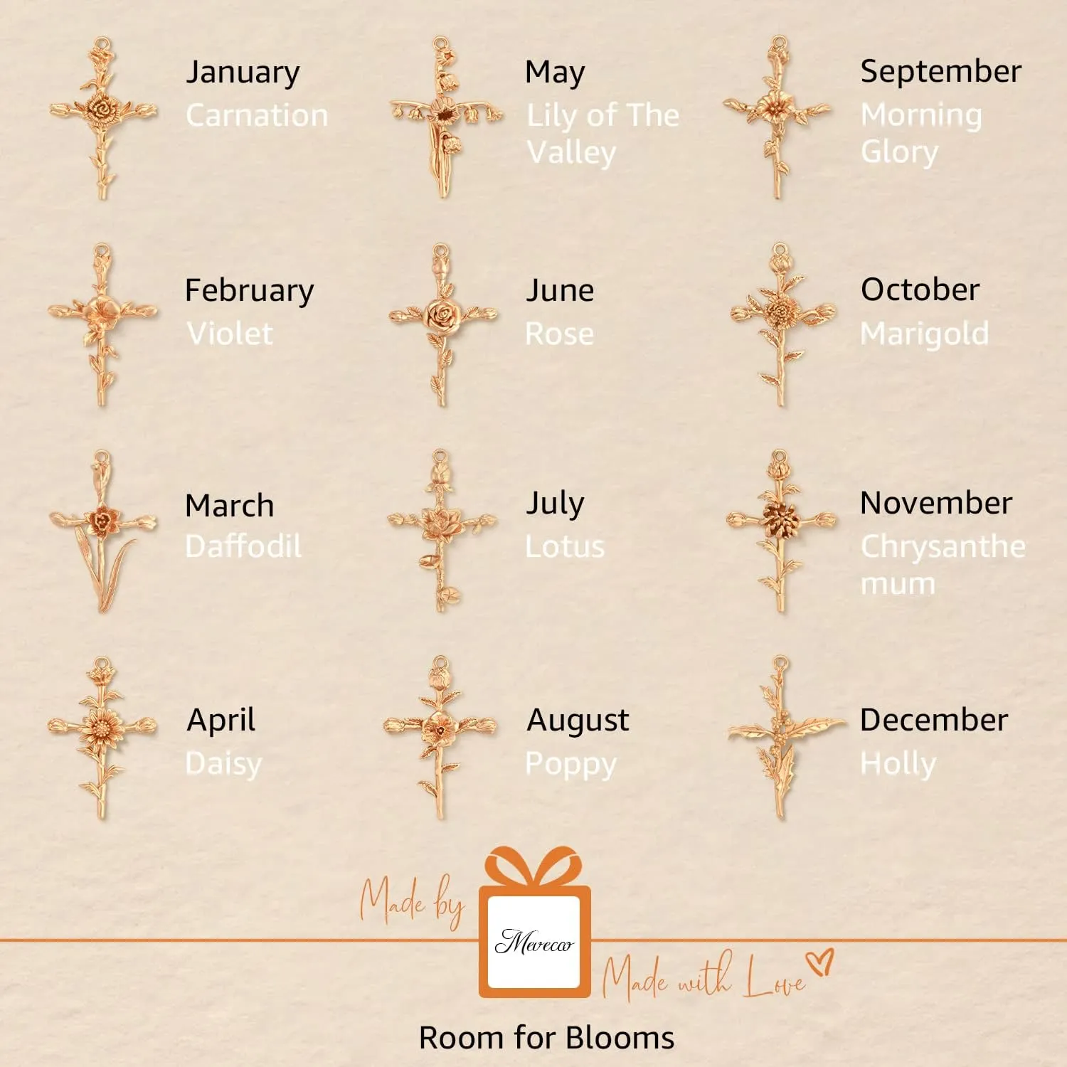MEVECCO Gold Birth Flower Cross Necklace for Women 12 Month Faith Pendent 18K Gold Plated 2MM Twist Rope Chain Personalized Religious Birthday Jewelry for Her