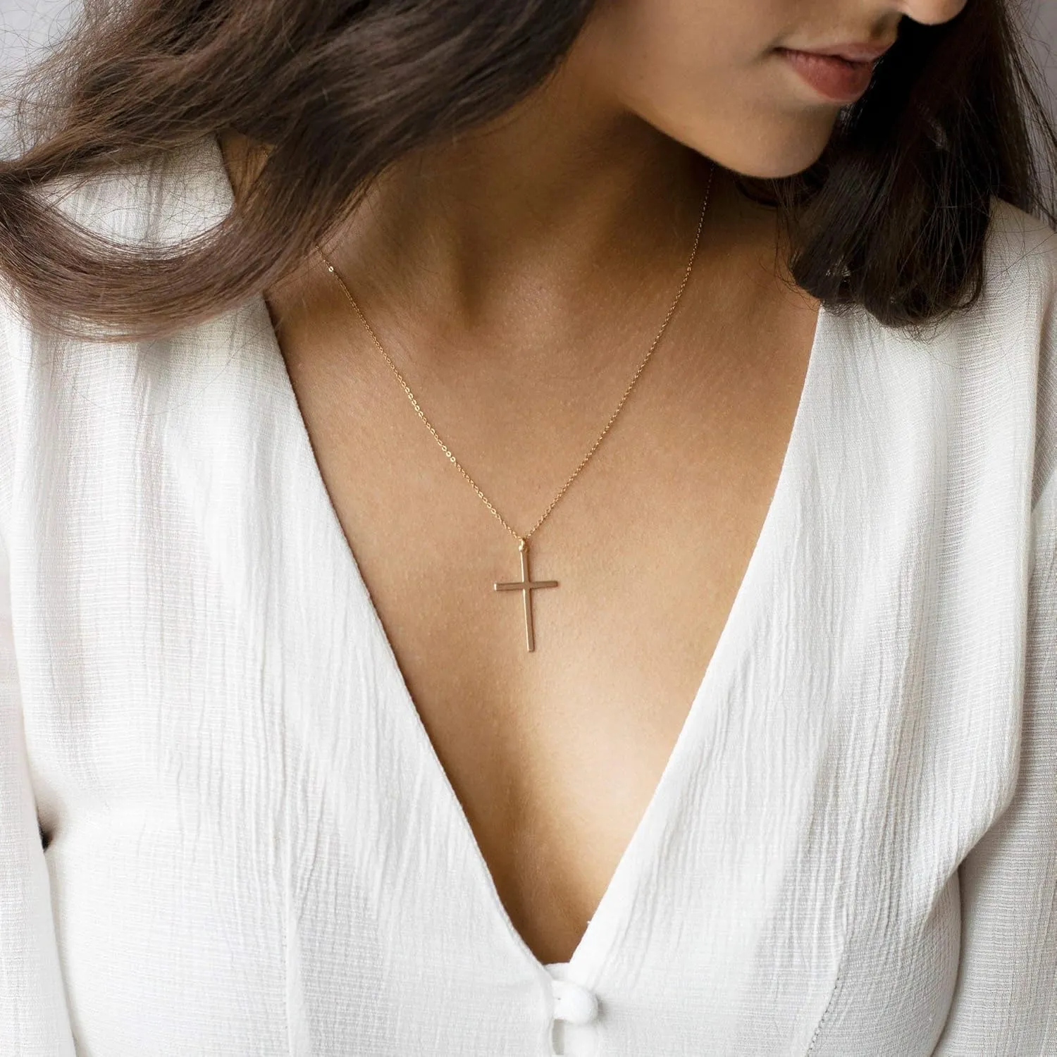 MEVECCO Gold Dainty Cross Necklace 18K Gold Plated CZ Turquoise Faith Pendant Necklace Minimalist Handmade Crucifix Chain Necklace Gift