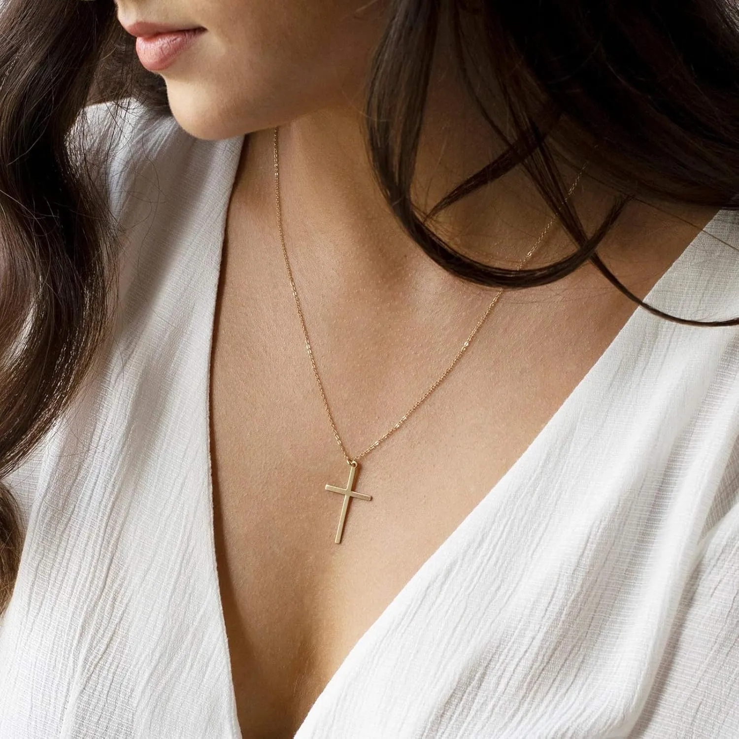 MEVECCO Gold Dainty Cross Necklace 18K Gold Plated CZ Turquoise Faith Pendant Necklace Minimalist Handmade Crucifix Chain Necklace Gift