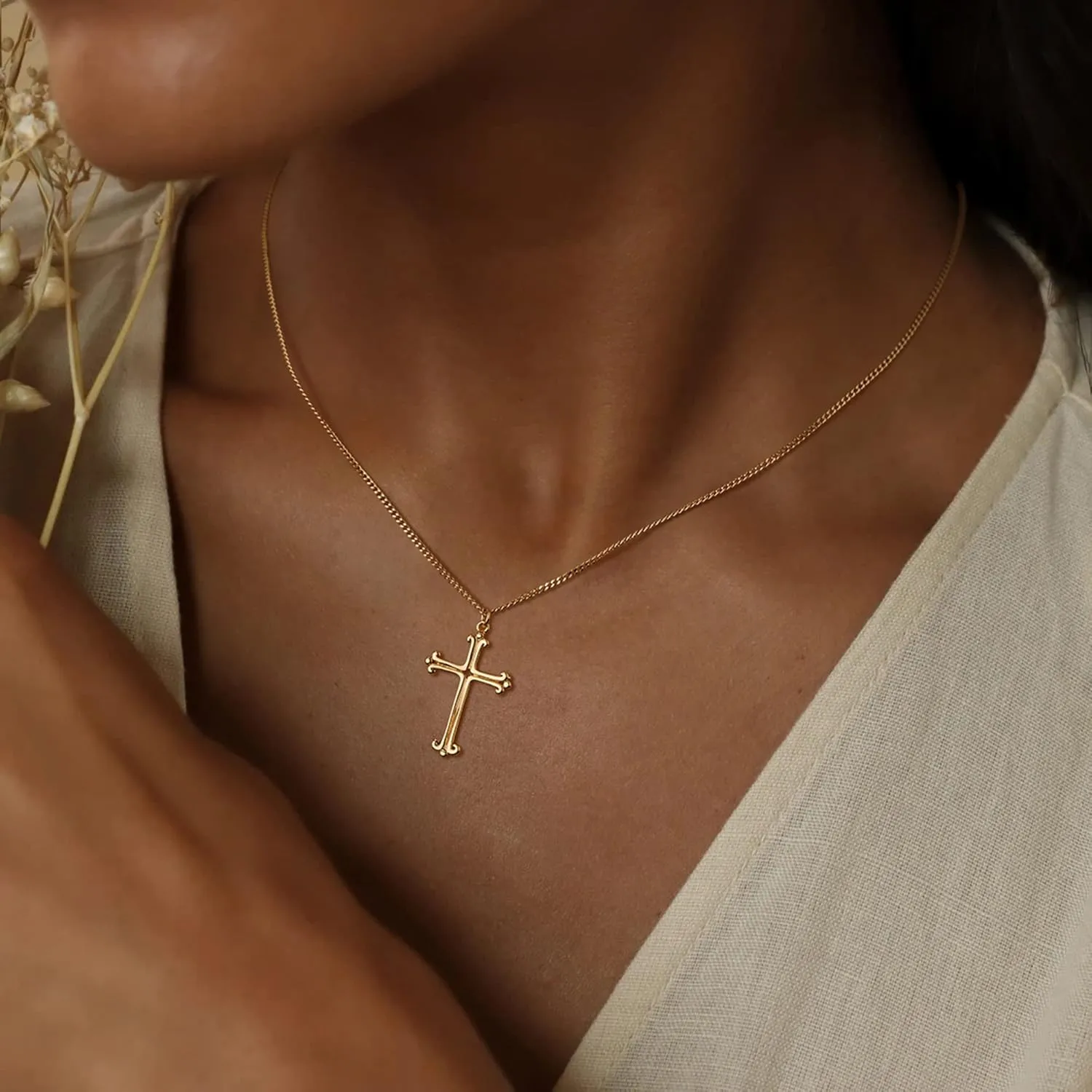 MEVECCO Gold Dainty Cross Necklace 18K Gold Plated CZ Turquoise Faith Pendant Necklace Minimalist Handmade Crucifix Chain Necklace Gift