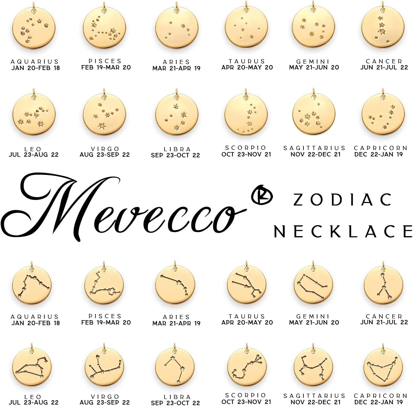 MEVECCO Gold Necklace Coin Disc Zodiac 12 Constellation Star Connected Engraved Horoscope Sign Astrology Pendant 18K Gold Plated Chain Dainty Personalized Simple Jewelry