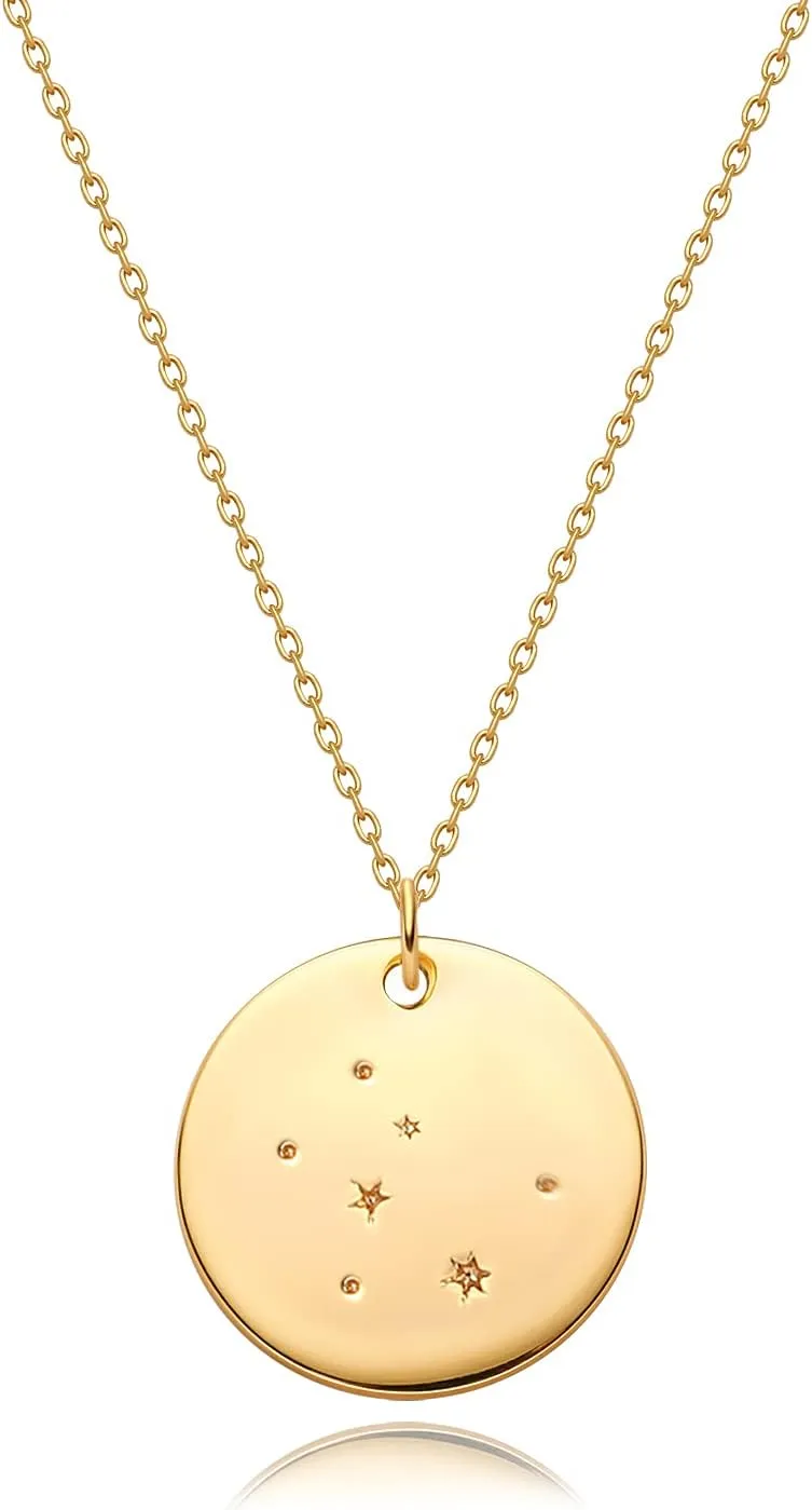MEVECCO Gold Necklace Coin Disc Zodiac 12 Constellation Star Connected Engraved Horoscope Sign Astrology Pendant 18K Gold Plated Chain Dainty Personalized Simple Jewelry