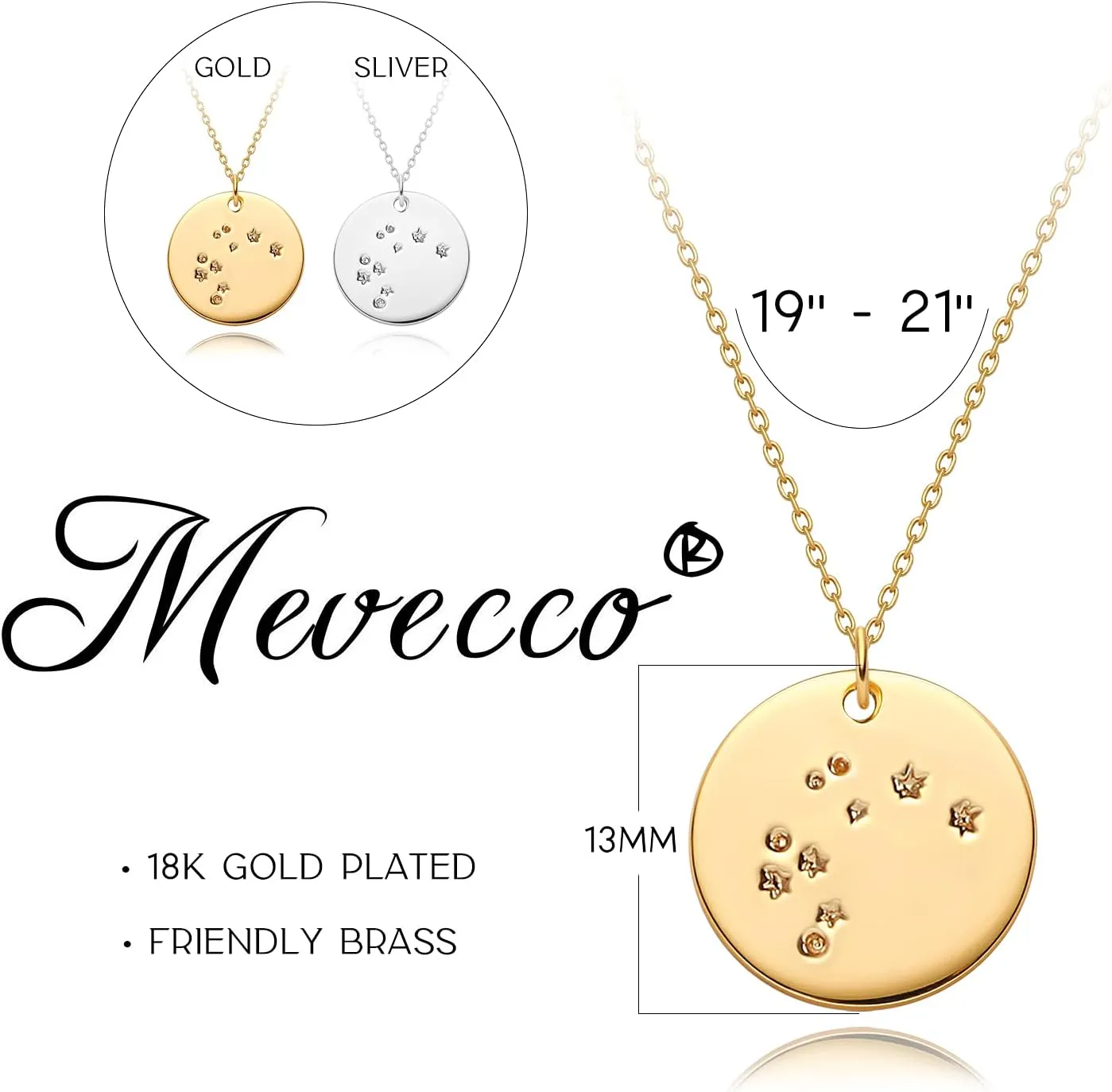 MEVECCO Gold Necklace Coin Disc Zodiac 12 Constellation Star Connected Engraved Horoscope Sign Astrology Pendant 18K Gold Plated Chain Dainty Personalized Simple Jewelry