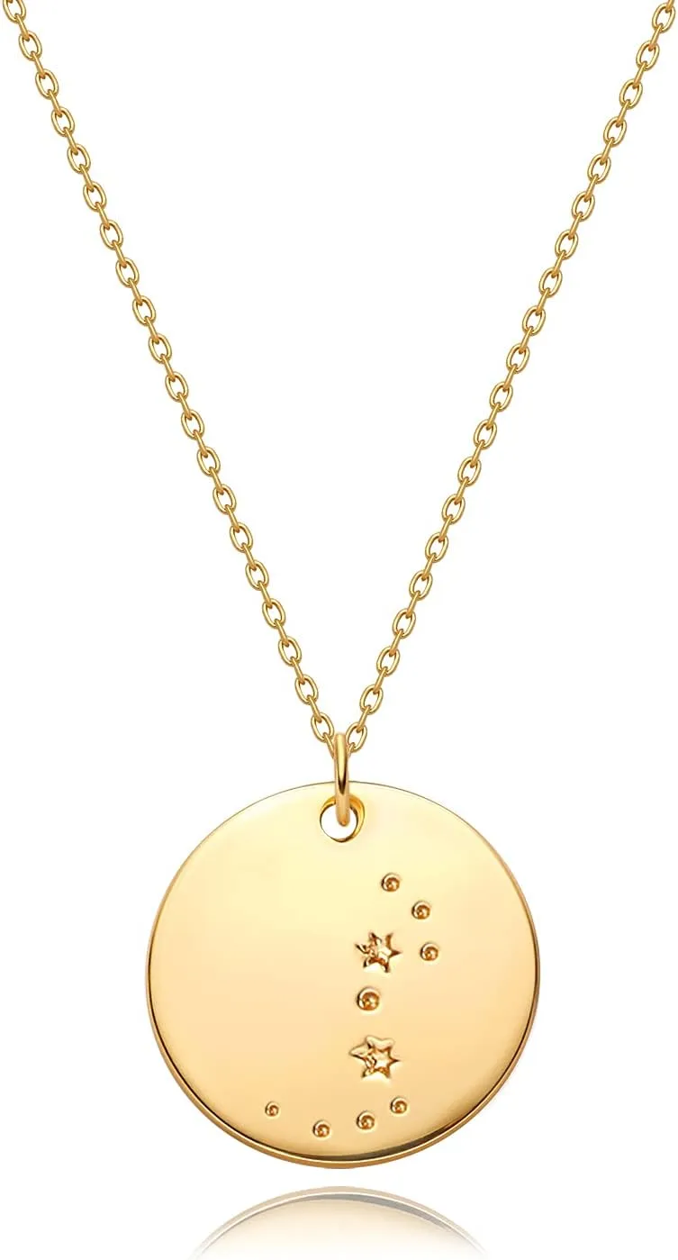 MEVECCO Gold Necklace Coin Disc Zodiac 12 Constellation Star Connected Engraved Horoscope Sign Astrology Pendant 18K Gold Plated Chain Dainty Personalized Simple Jewelry