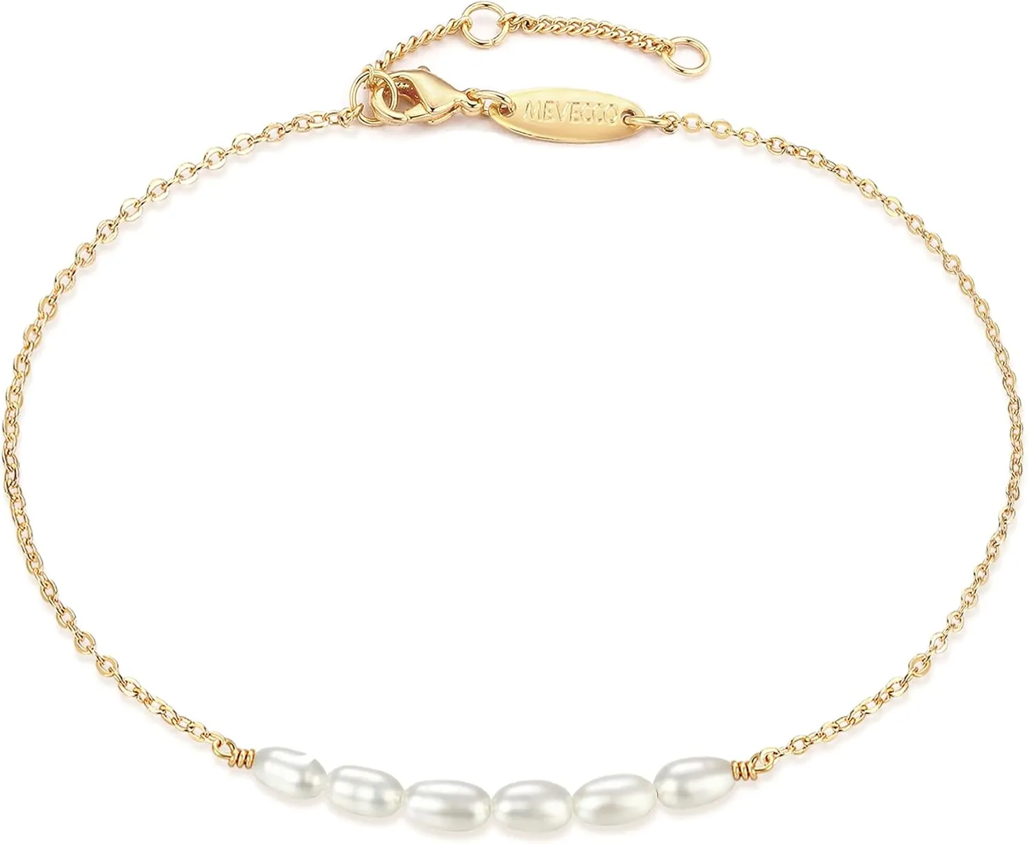 MEVECCO Women Gold Anklet Boho Delicate Handmade 18k Gold Plated Dainty Beach Pearl Foot Chain Ankle Bracelet Adjustable Wafer Anklet for Women ANK-Pearl