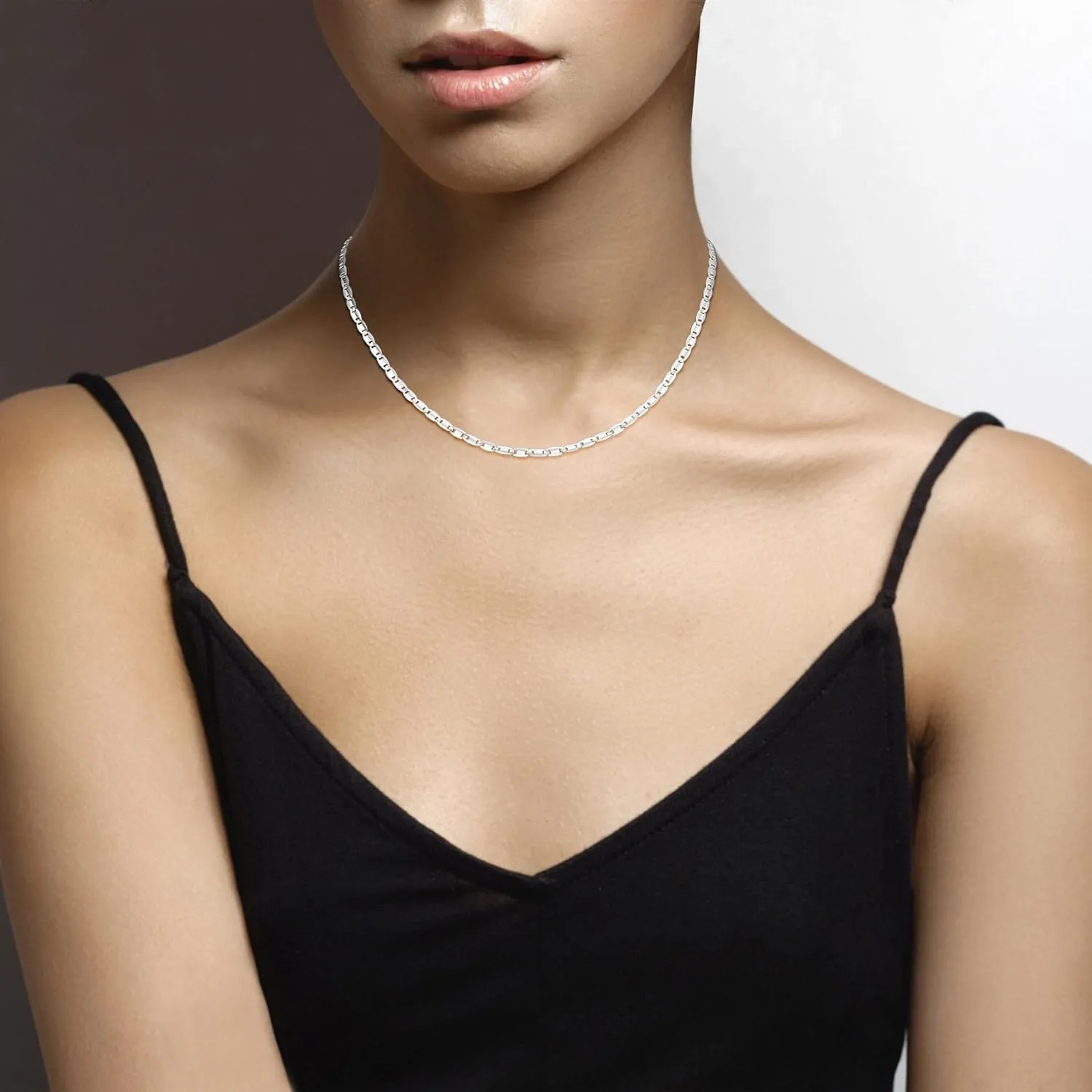Miabella Italian 925 Sterling Silver Flat Valentino Mirror Link Chain Necklace for Women/Made in Italy
