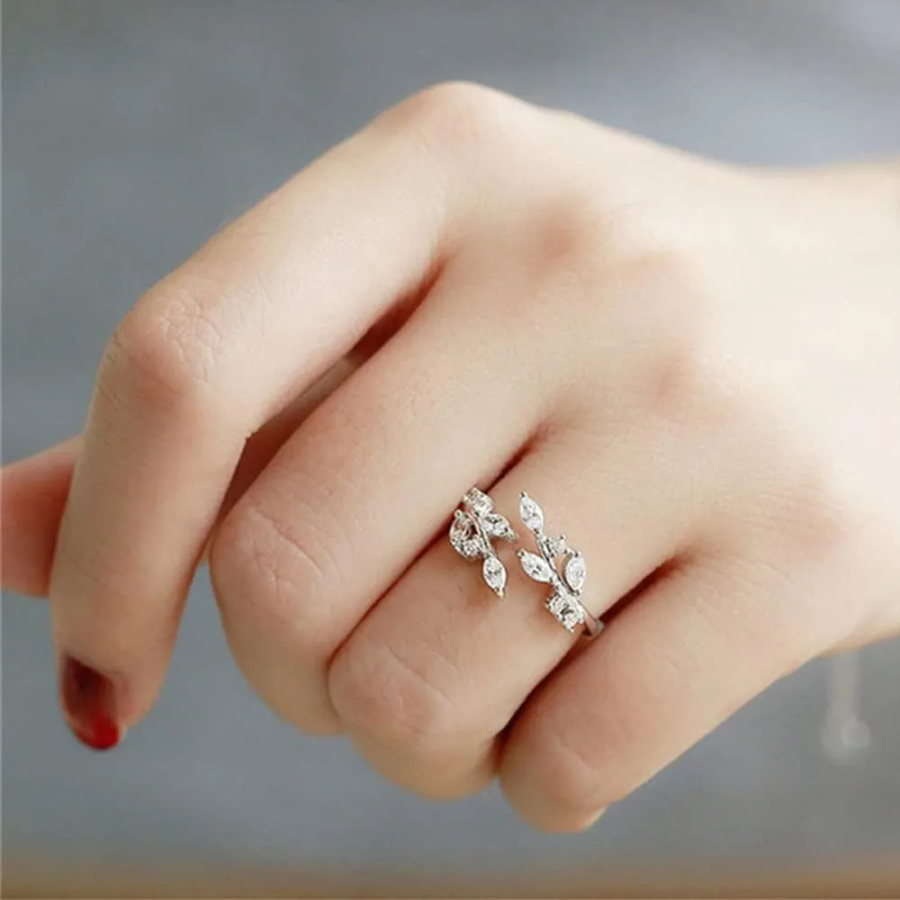 MIFYNN Double Leaf Wrap Rings for Women Dainty Zircon Rings Adjustable Hypoallergenic