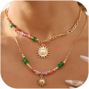 MIFYNN Gold Sun Necklace for Women Stackable Layered Sun Necklace Sun Pendant Necklace Crystal Beaded Necklace Dainty Birthday Jewelry Gifts for Women