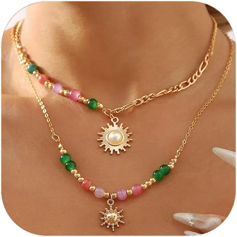 MIFYNN Gold Sun Necklace for Women Stackable Layered Sun Necklace Sun Pendant Necklace Crystal Beaded Necklace Dainty Birthday Jewelry Gifts for Women