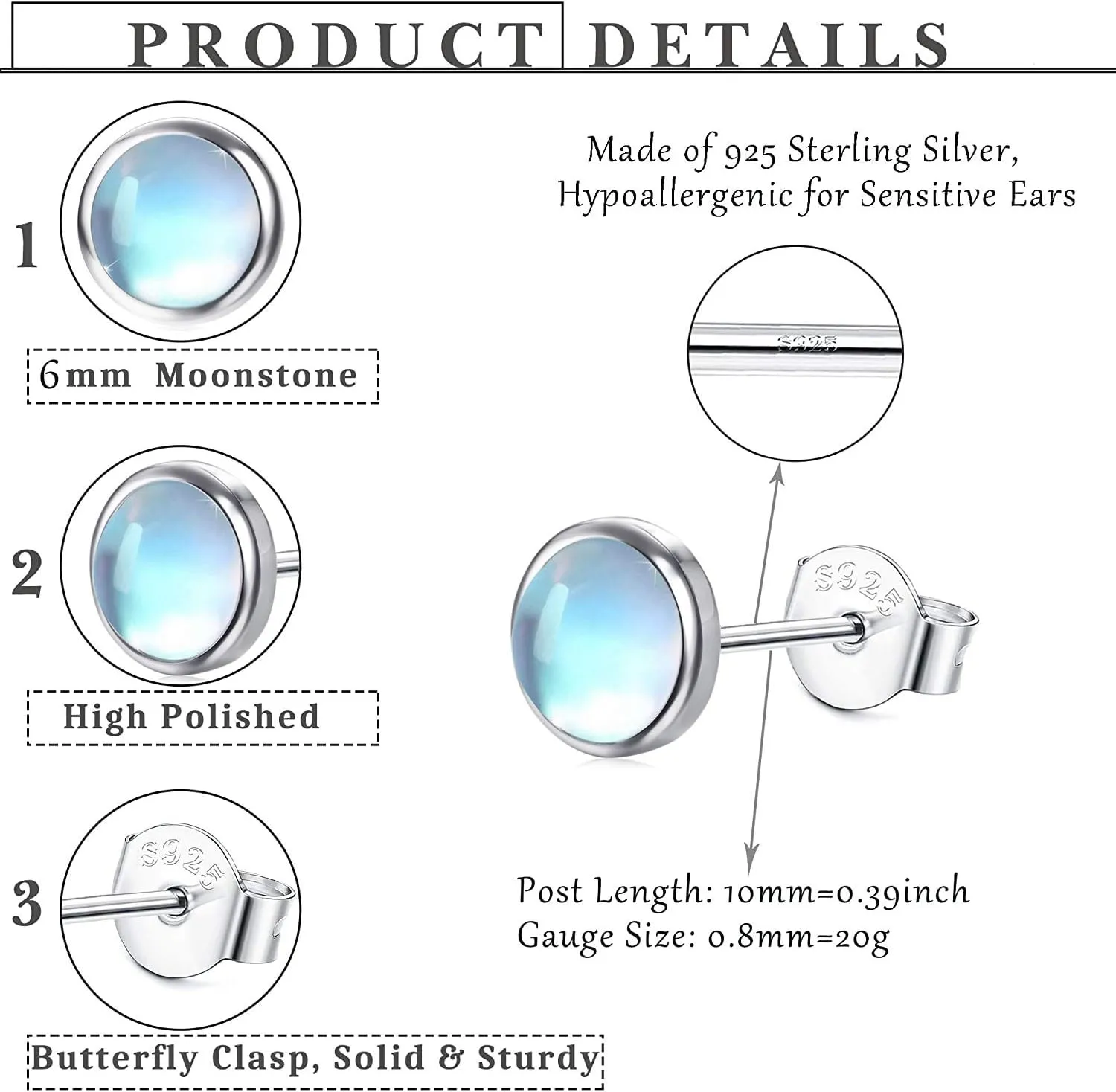Milacolato 925 Sterling Silver Moonstone Stud Earrings Synthetic Moonstone Jewelry for Women Hypoallergenic for Sensitive Ears