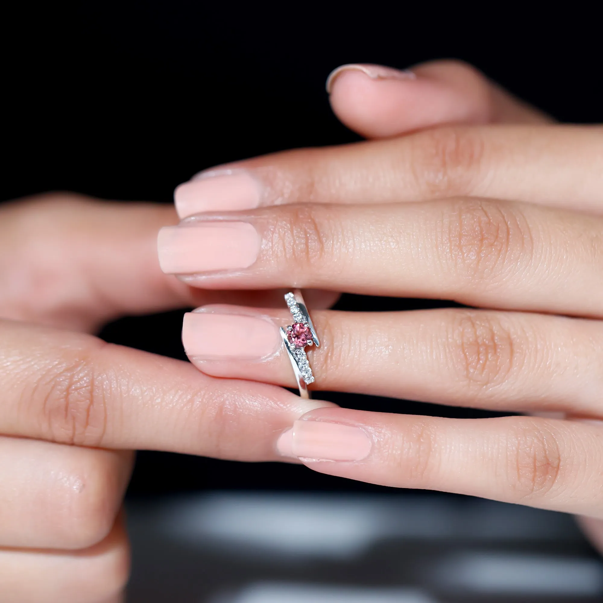 Minimal Pink Tourmaline and Diamond Bypass Promise Ring