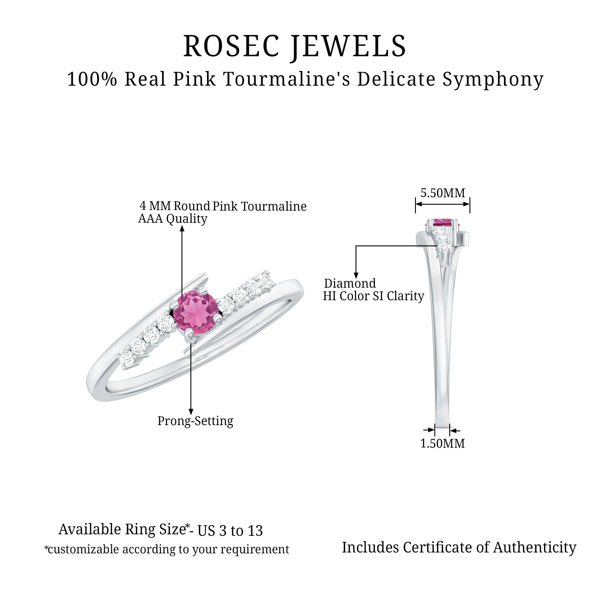 Minimal Pink Tourmaline and Diamond Bypass Promise Ring