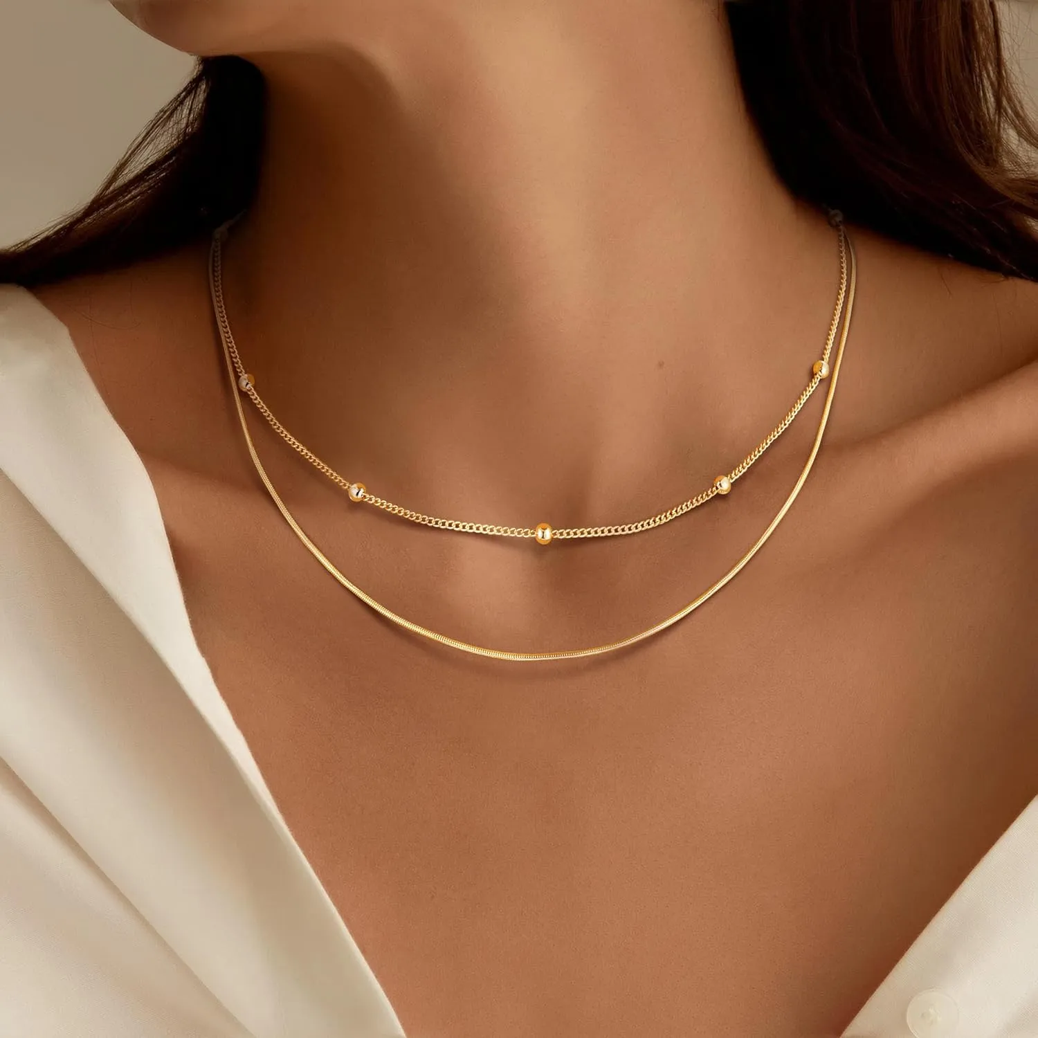 MJartoria Dainty Choker Necklace for Women 14K Gold Plated Minimalist Chain Choker Necklace Trendy Satellite Bead Choker Jewelry Gifts