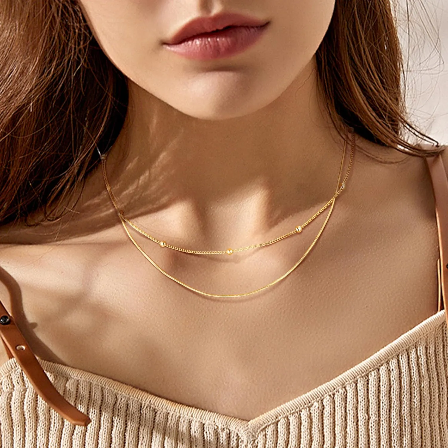 MJartoria Dainty Choker Necklace for Women 14K Gold Plated Minimalist Chain Choker Necklace Trendy Satellite Bead Choker Jewelry Gifts