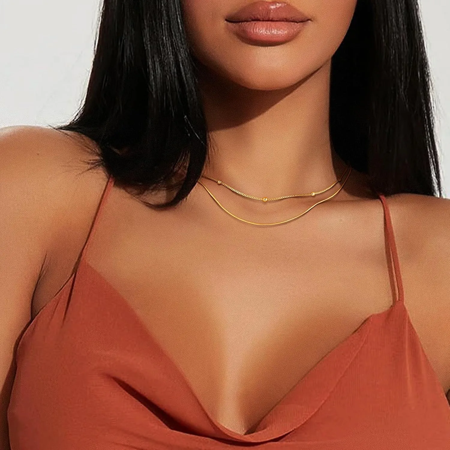 MJartoria Dainty Choker Necklace for Women 14K Gold Plated Minimalist Chain Choker Necklace Trendy Satellite Bead Choker Jewelry Gifts