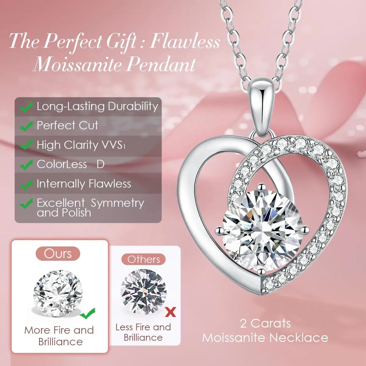 Moissanite Heart Pendant Necklaces,925 Sterling Silver Gold Plating,Anniversary,Birthday Fine Jewelry Gifts for Wife Her Mom Girlfriend