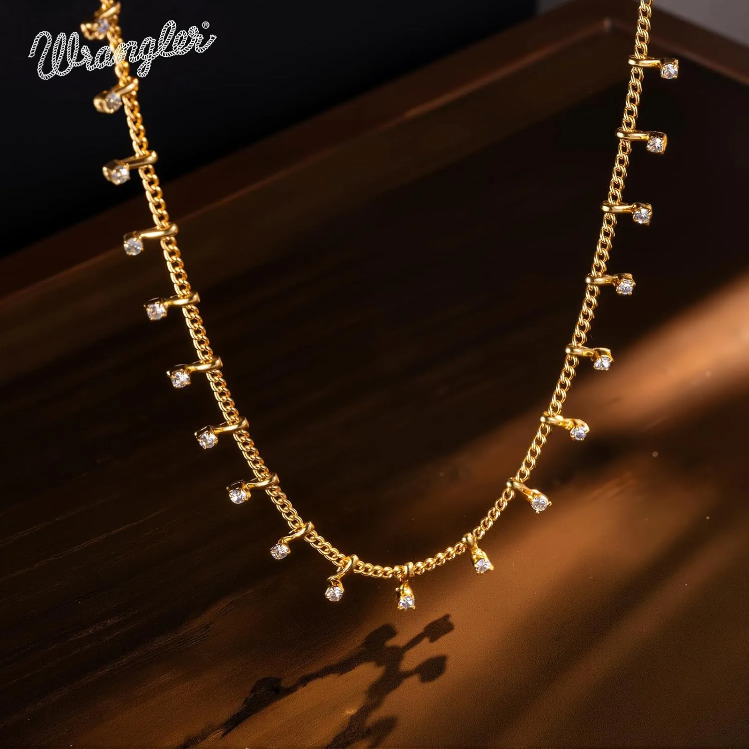 Montana West x Wrangler Gold Plated Chain Choker Necklace for Women, 18k Gold Plated Lightweight CZ Beaded Dainty Jewelry