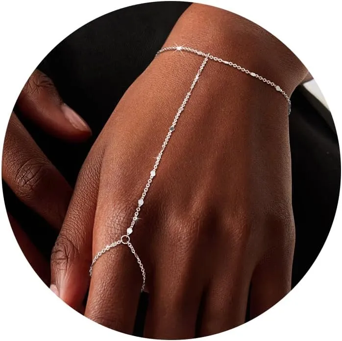 Moodear Dainty Gold Ring Hand Chain Bracelet - Trendy 14K Gold Plated Bead Satellite Cross CZ Hand Link Chain Bracelets for Women Simple Jewelry Gift
