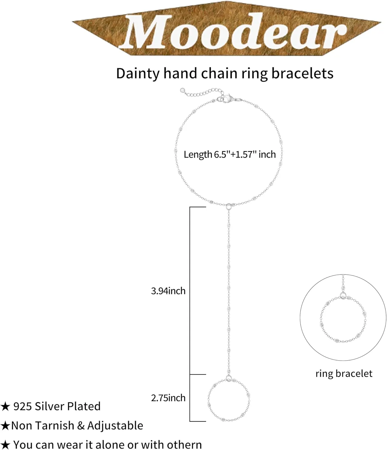 Moodear Dainty Gold Ring Hand Chain Bracelet - Trendy 14K Gold Plated Bead Satellite Cross CZ Hand Link Chain Bracelets for Women Simple Jewelry Gift