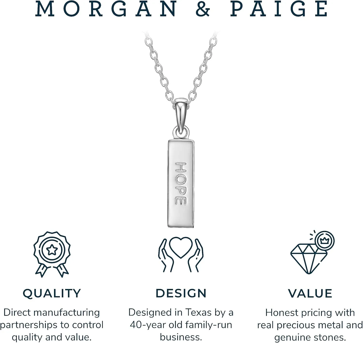 MORGAN & PAIGE .925 Sterling Silver Rhodium Plated Vertical Bar Sentiment Pendant Necklaces for Women - Lightweight and Dainty Sterling Silver Necklace for Women, Jewelry for Her 18 inch Rope Chain