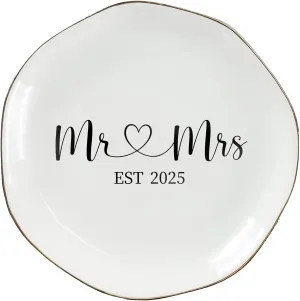 Mr & Mrs EST 2025 Ring Dish - Elegant Ceramic Ring Holder for Engagement, Wedding, and Bridal Shower Gifts - Honeymoon Keepsake for Friends, Newlyweds, and Bride-to-Be