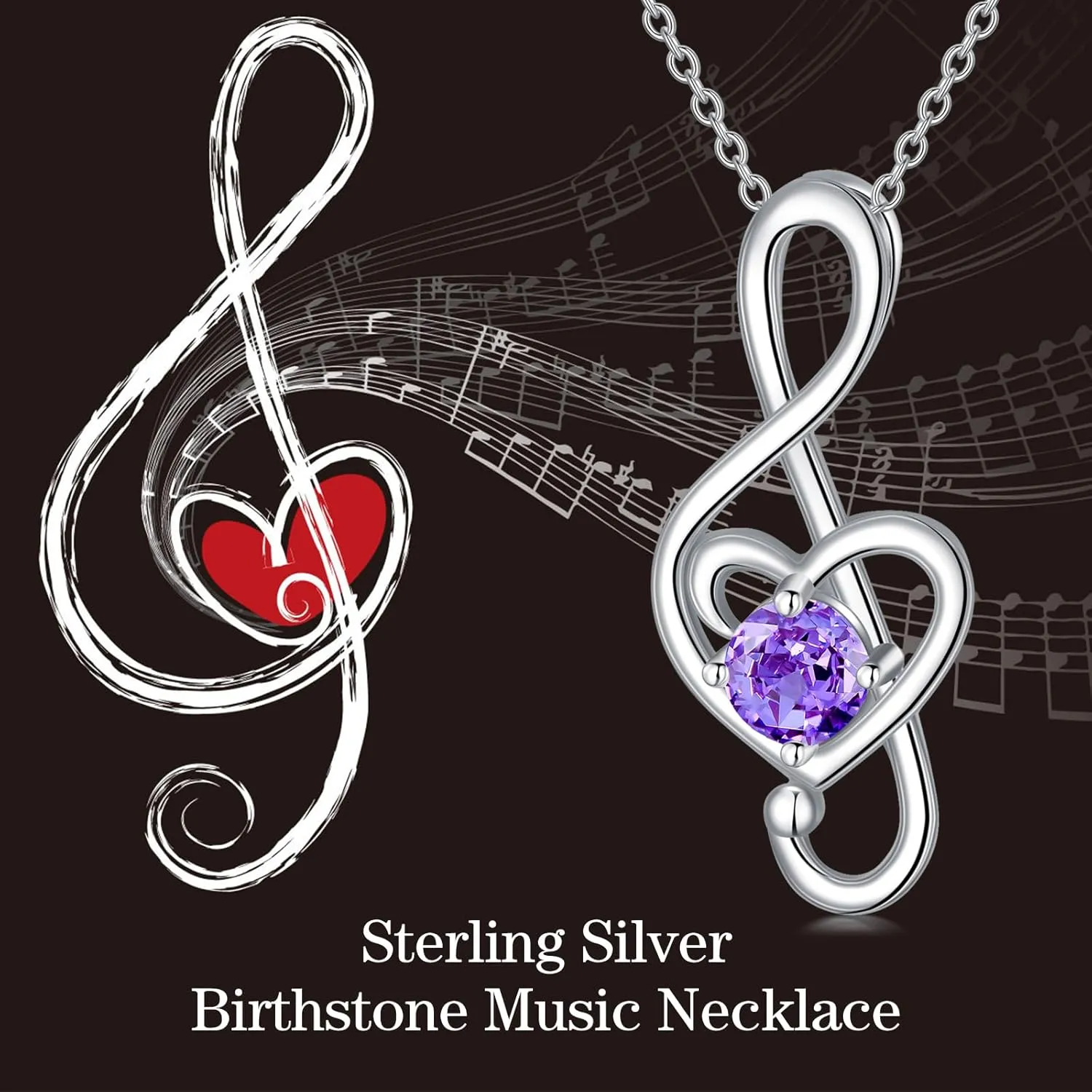 Music Note Necklaces for Women Sterling Silver 12 Birthstone Musical Necklace Jewelry Birthday Gifts Music Lovers Student Teacher