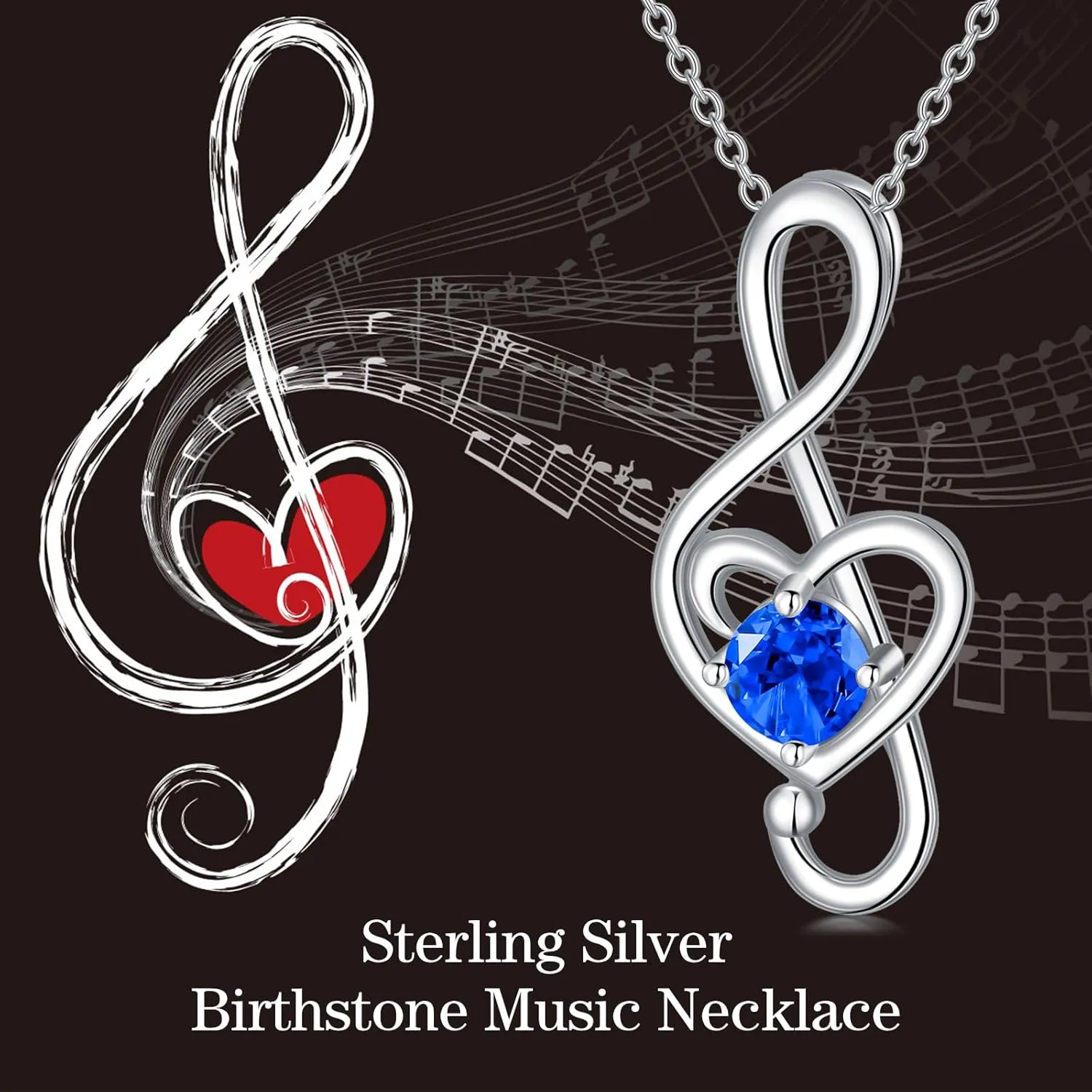 Music Note Necklaces for Women Sterling Silver 12 Birthstone Musical Necklace Jewelry Birthday Gifts Music Lovers Student Teacher