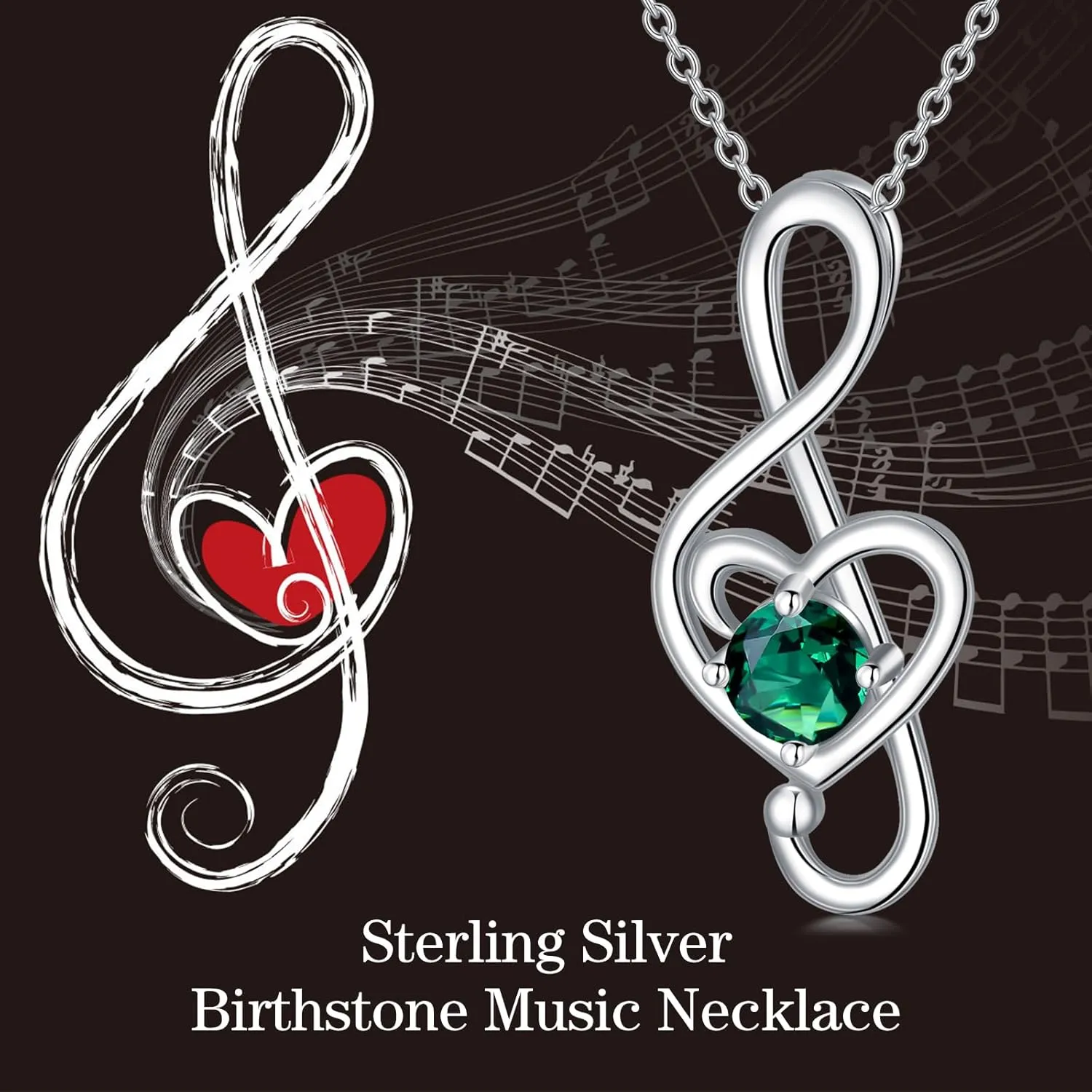 Music Note Necklaces for Women Sterling Silver 12 Birthstone Musical Necklace Jewelry Birthday Gifts Music Lovers Student Teacher