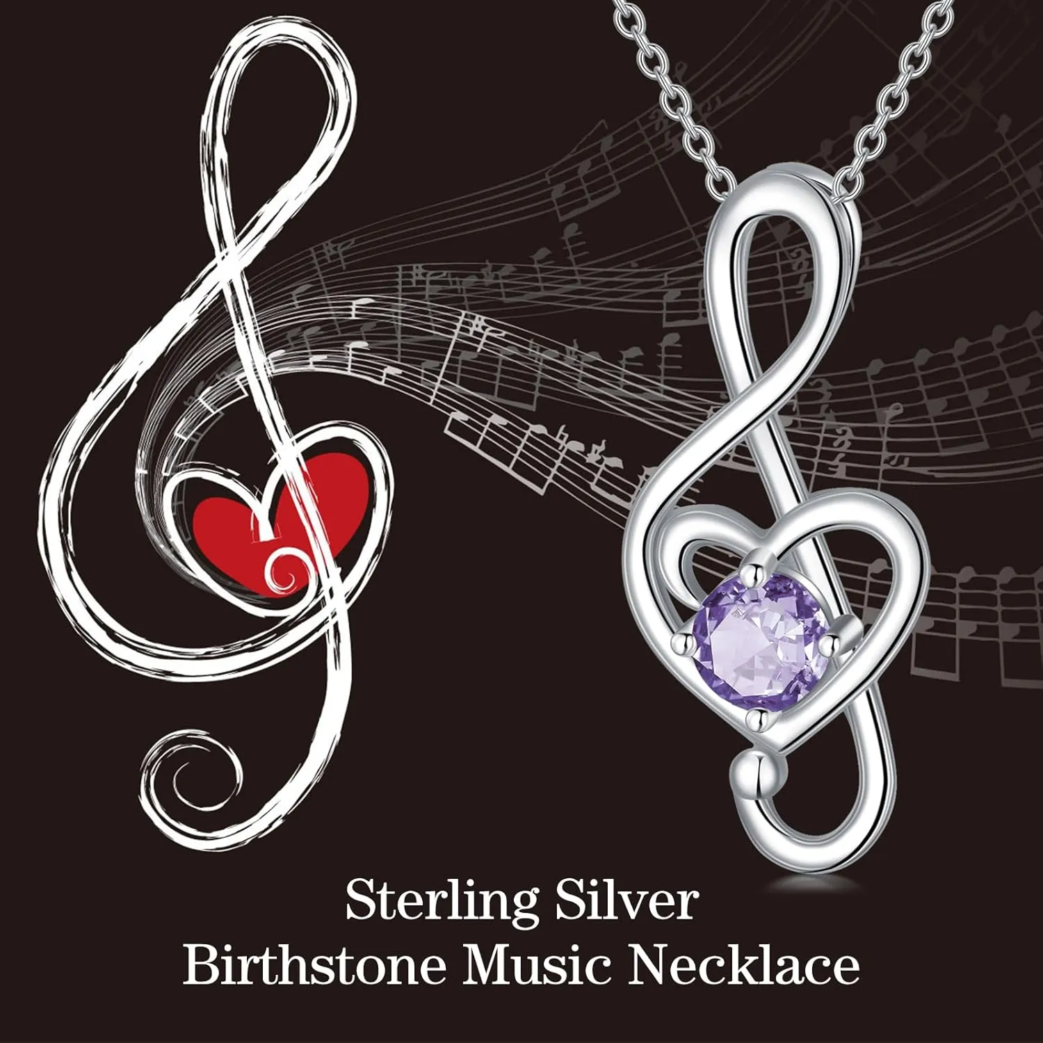 Music Note Necklaces for Women Sterling Silver 12 Birthstone Musical Necklace Jewelry Birthday Gifts Music Lovers Student Teacher
