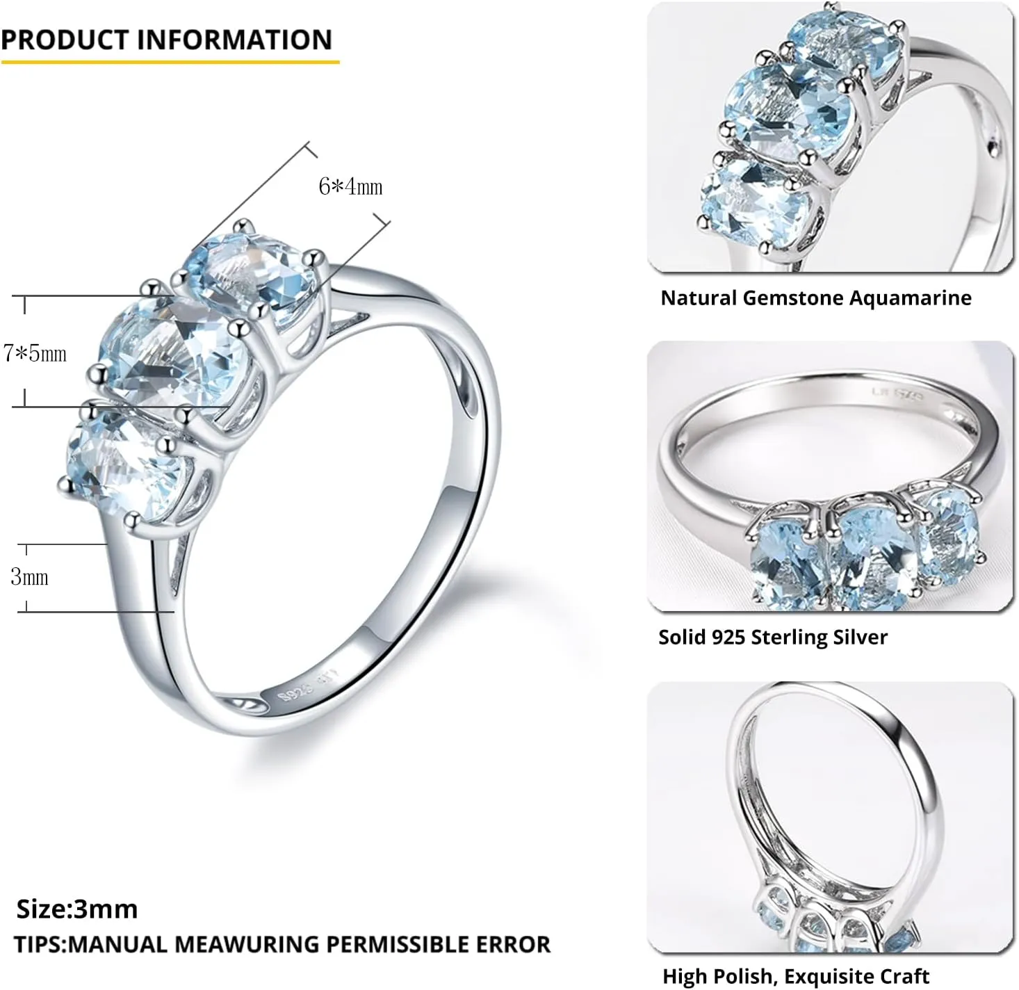 Natural Aquamarine Rings for Women S925 Sterling Silver Real Gemstone March Birthstone Simple Promise Ring Elegant Style Fine Jewelry for Birthday
