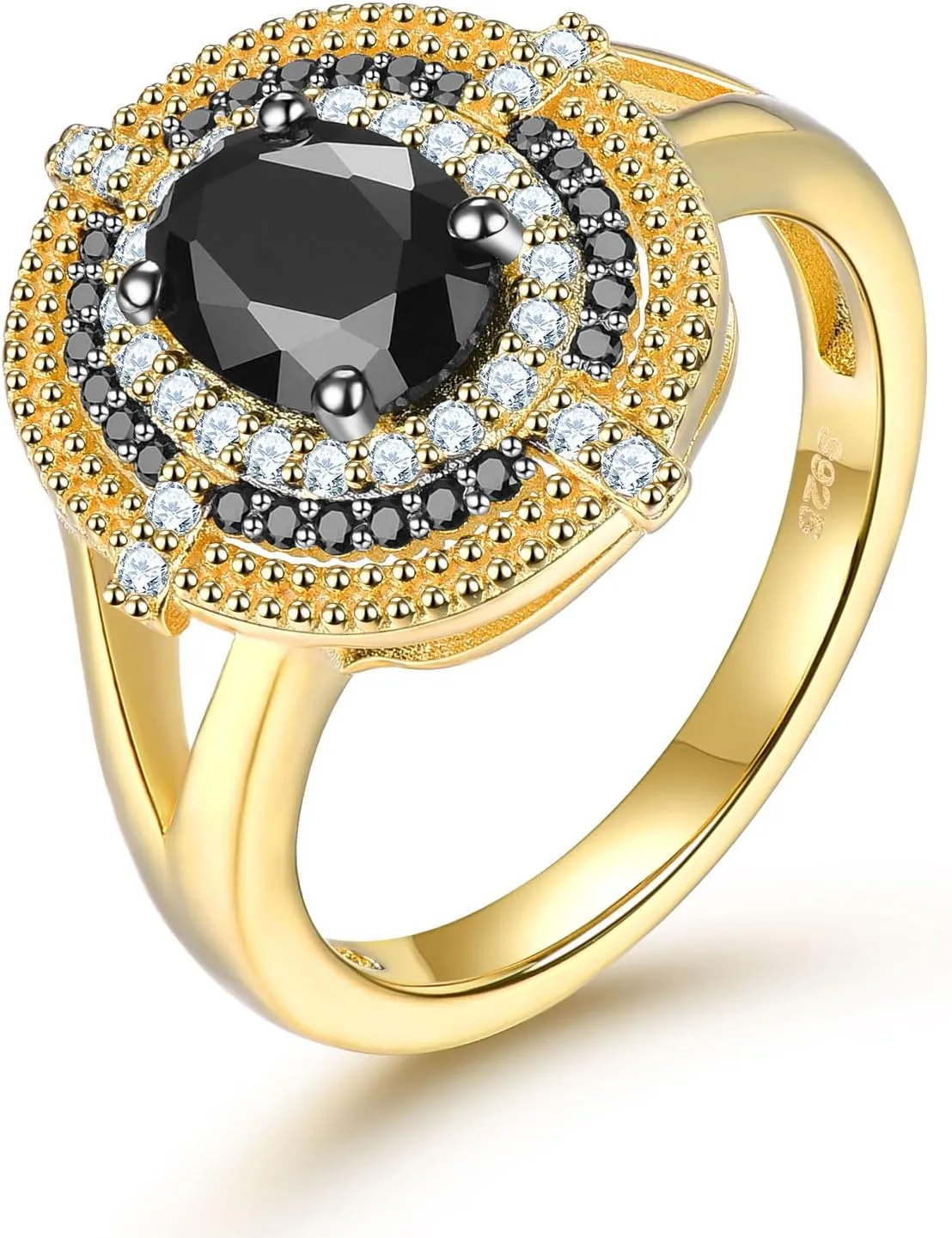 Natural Black Spinel Rings for Women Sterling Silver 925 Shining Cubic Zirconia Promise Ring Yellow Gold Rhodium Plated Elegant Style Fine Jewelry for Birthday