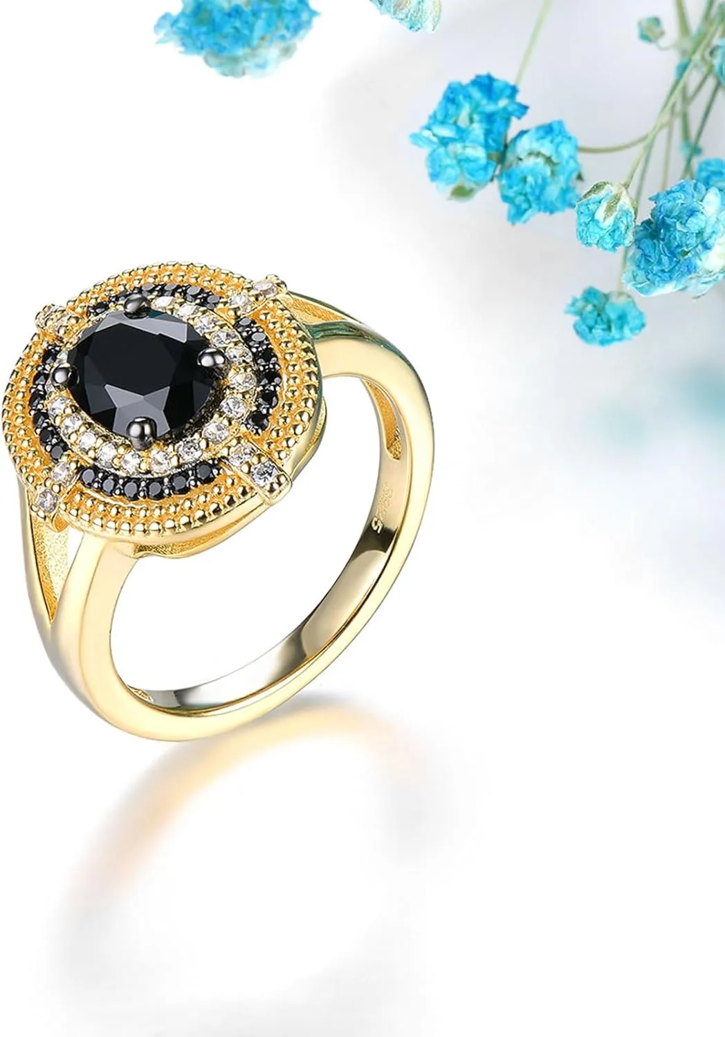 Natural Black Spinel Rings for Women Sterling Silver 925 Shining Cubic Zirconia Promise Ring Yellow Gold Rhodium Plated Elegant Style Fine Jewelry for Birthday