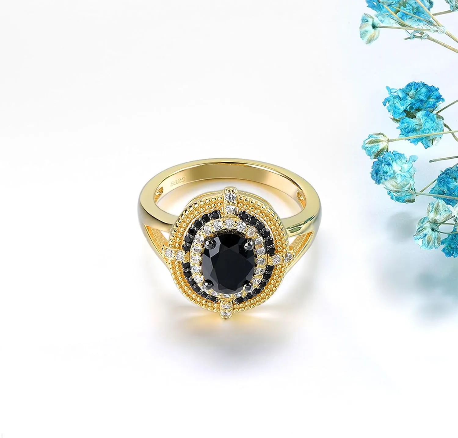 Natural Black Spinel Rings for Women Sterling Silver 925 Shining Cubic Zirconia Promise Ring Yellow Gold Rhodium Plated Elegant Style Fine Jewelry for Birthday