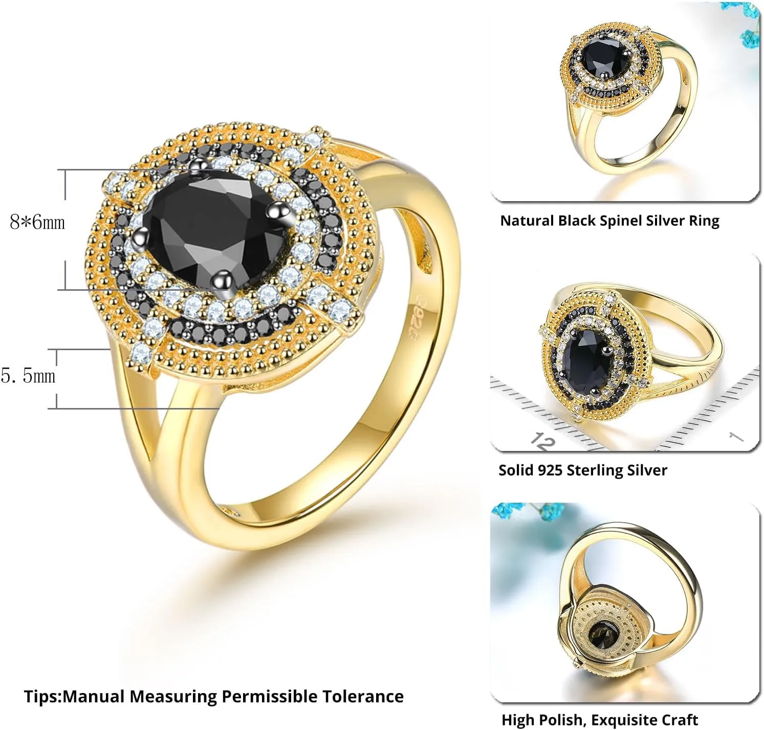 Natural Black Spinel Rings for Women Sterling Silver 925 Shining Cubic Zirconia Promise Ring Yellow Gold Rhodium Plated Elegant Style Fine Jewelry for Birthday