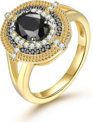 Natural Black Spinel Rings for Women Sterling Silver 925 Shining Cubic Zirconia Promise Ring Yellow Gold Rhodium Plated Elegant Style Fine Jewelry for Birthday
