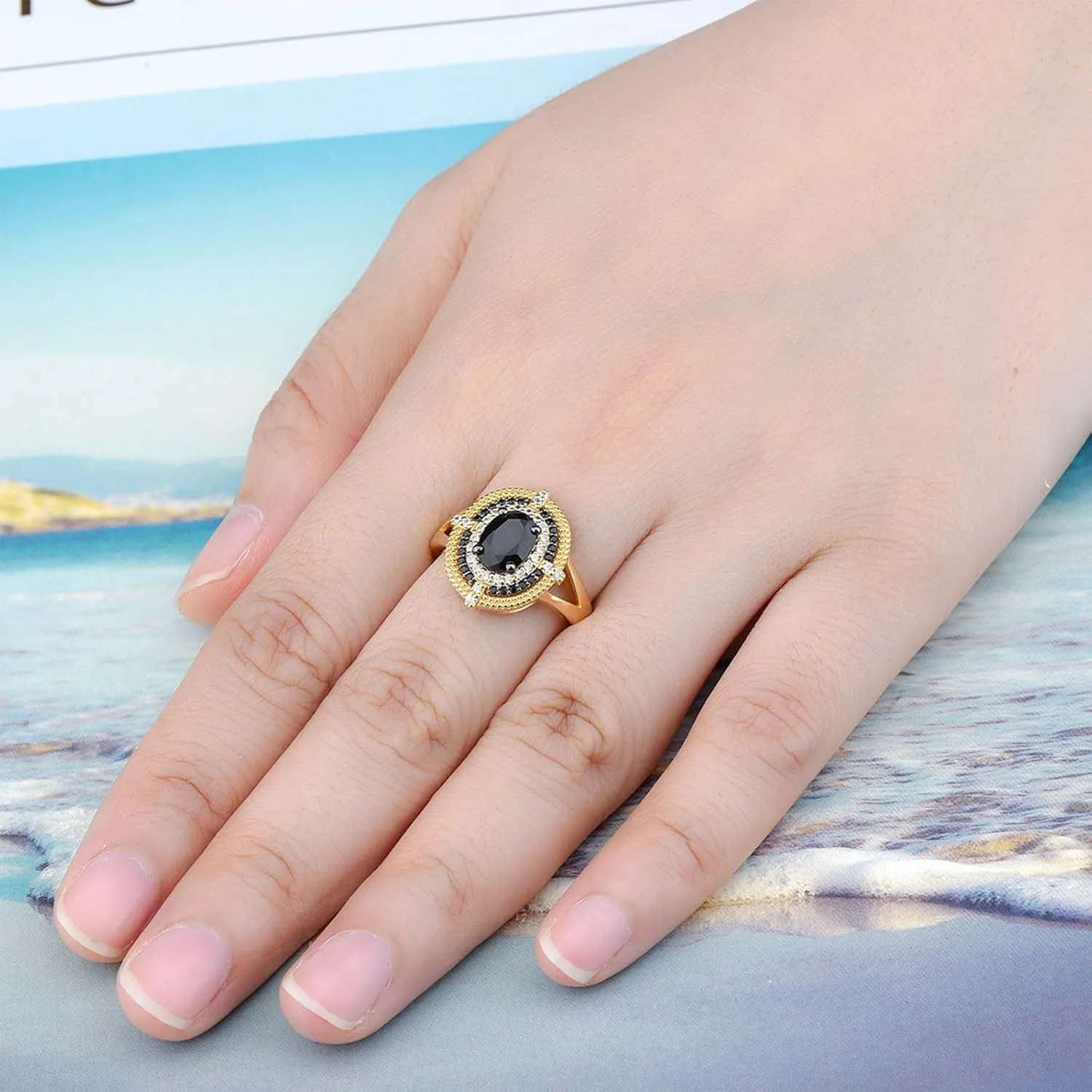 Natural Black Spinel Rings for Women Sterling Silver 925 Shining Cubic Zirconia Promise Ring Yellow Gold Rhodium Plated Elegant Style Fine Jewelry for Birthday