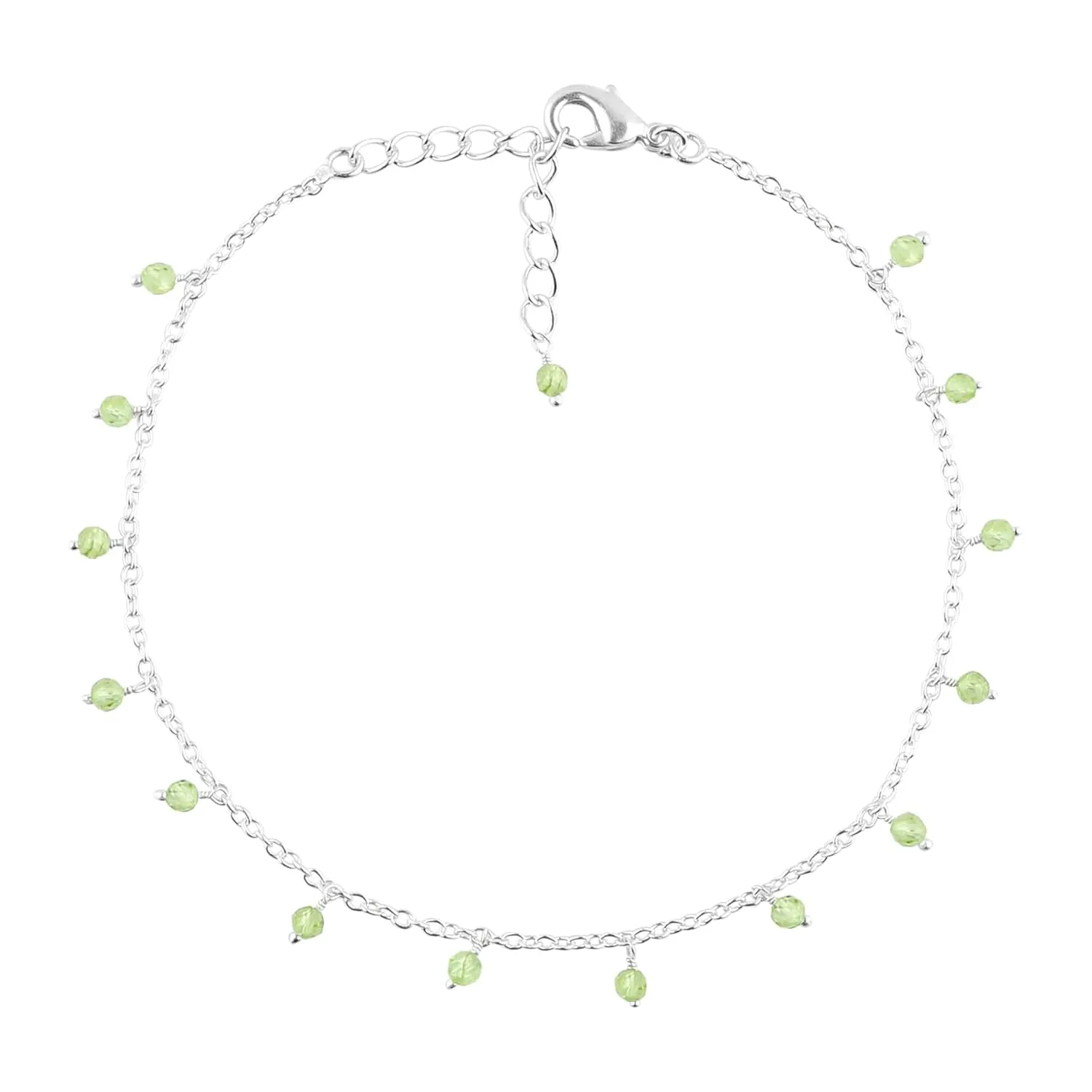 Natural Peridot Gemstones Ankle Bracelet for Women, Handmade Jewelry, Hanging Beads Anklet, Silver Adjustable Chain, Minimalist Anklets, Gift for Her, 9 1.50 inch
