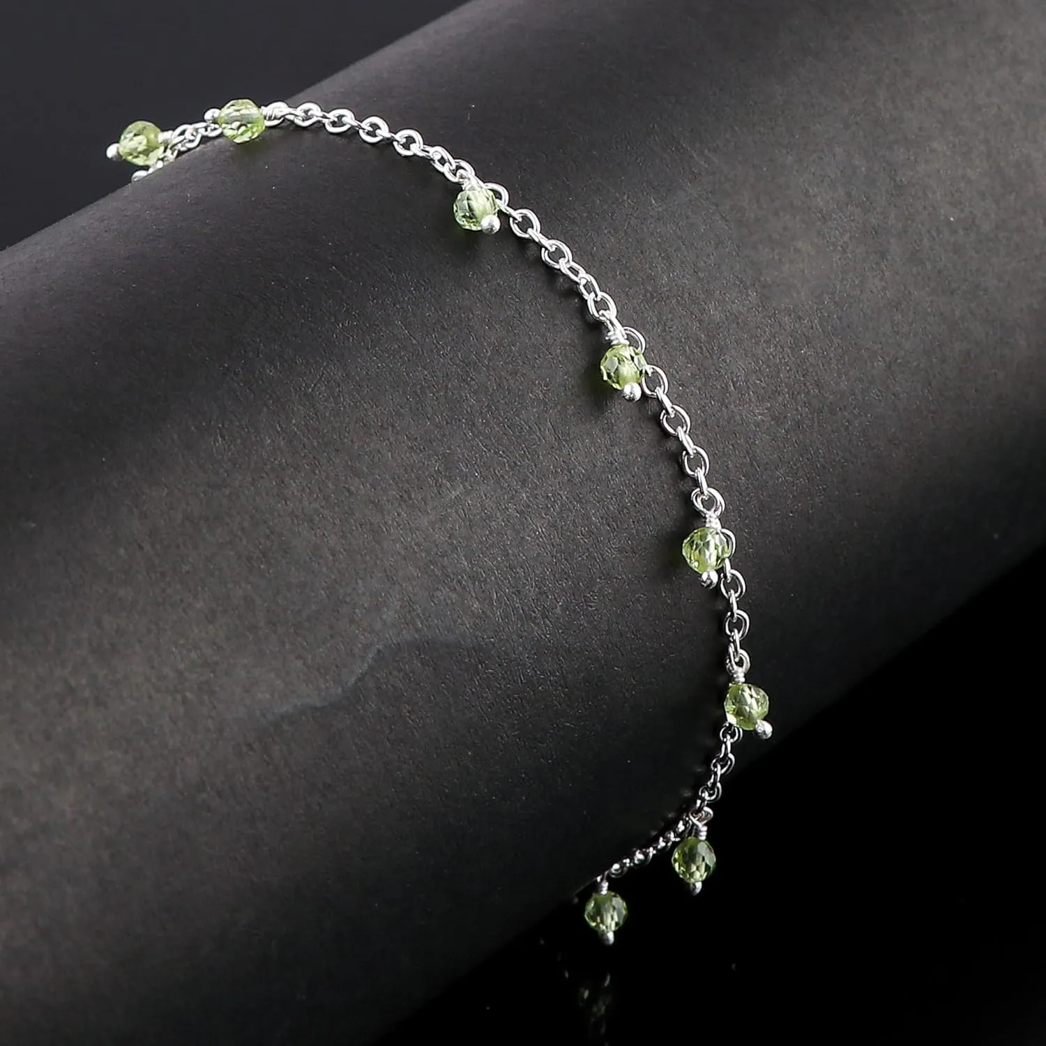 Natural Peridot Gemstones Ankle Bracelet for Women, Handmade Jewelry, Hanging Beads Anklet, Silver Adjustable Chain, Minimalist Anklets, Gift for Her, 9 1.50 inch
