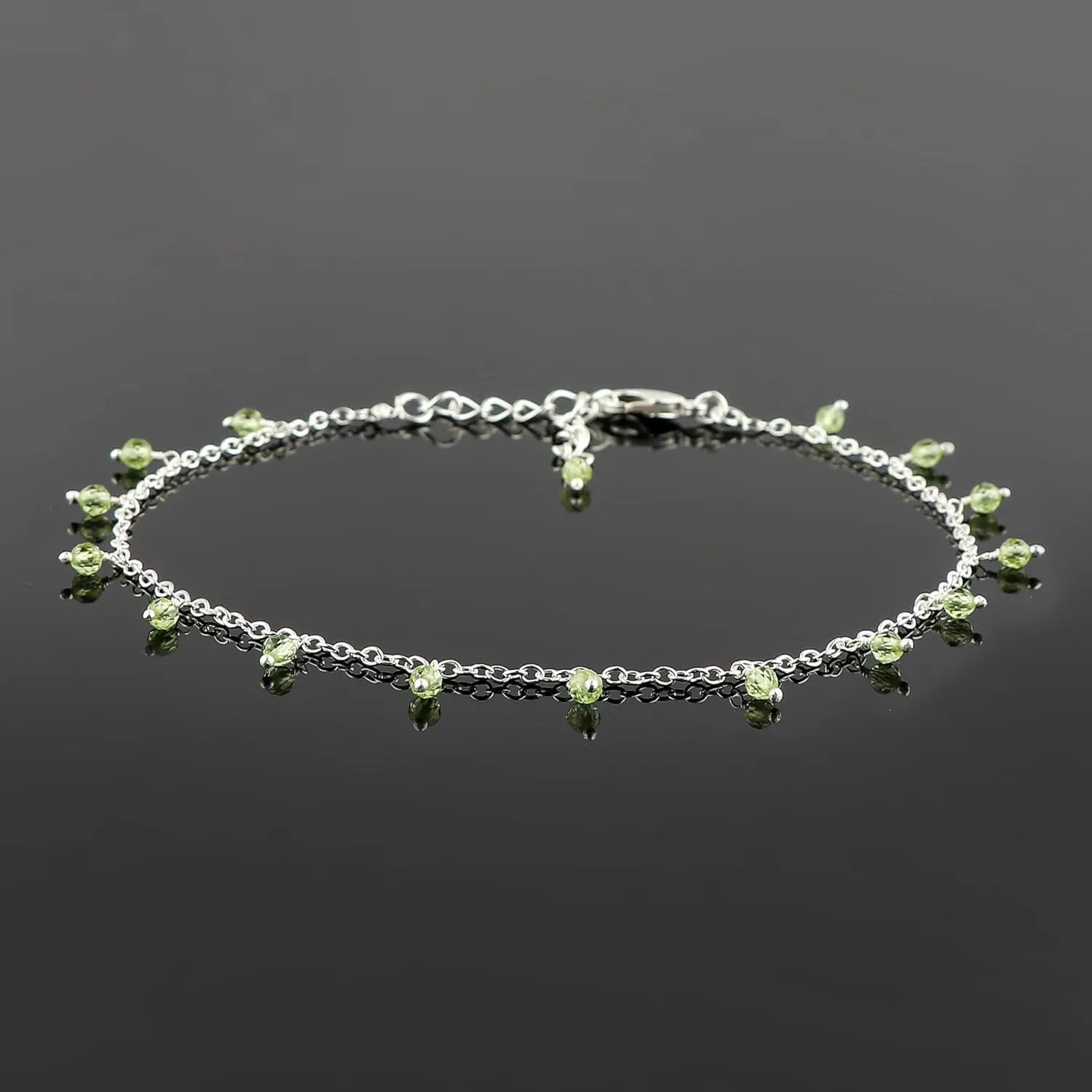 Natural Peridot Gemstones Ankle Bracelet for Women, Handmade Jewelry, Hanging Beads Anklet, Silver Adjustable Chain, Minimalist Anklets, Gift for Her, 9 1.50 inch