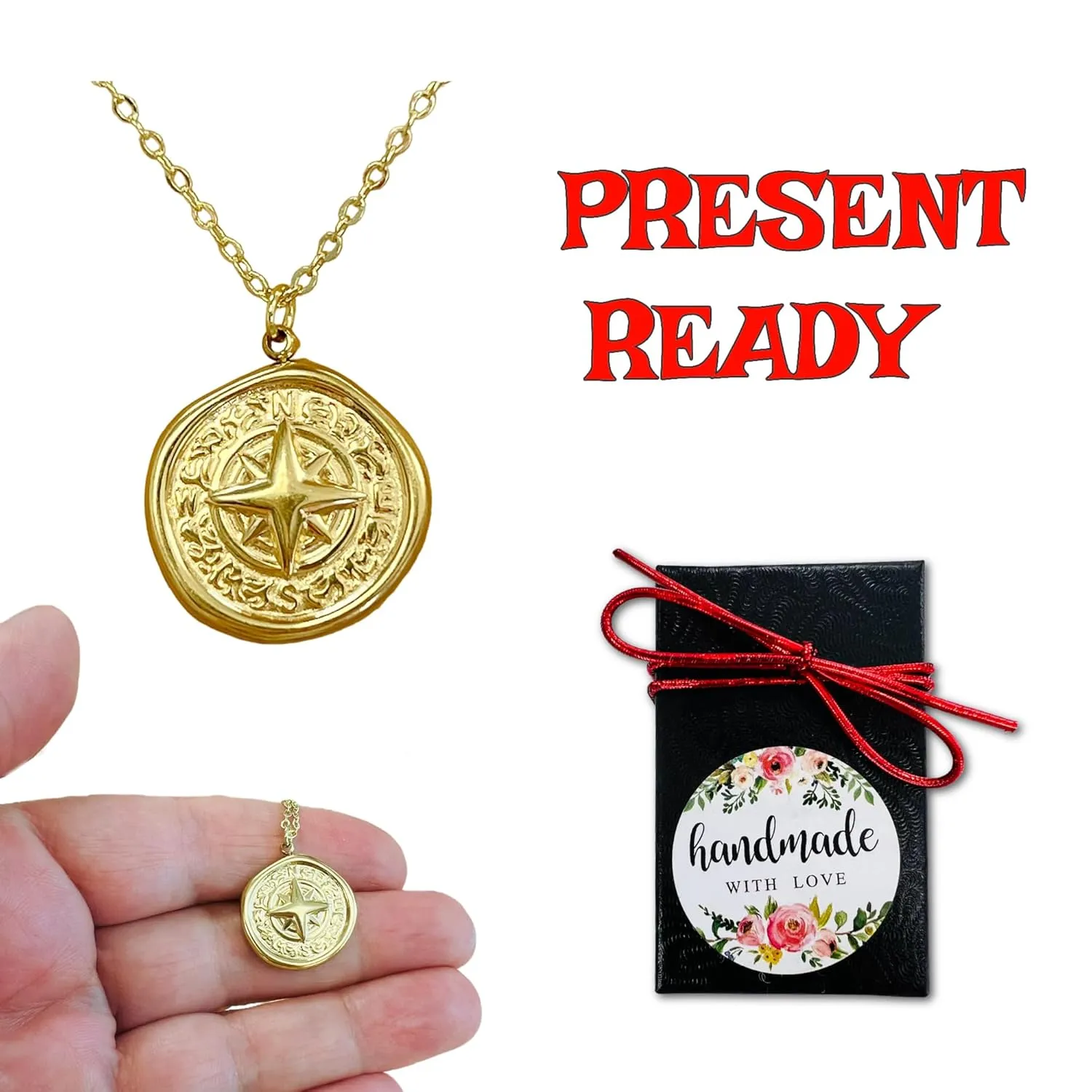Nautical jewelry compass necklace gold coin plated north star pendant for women